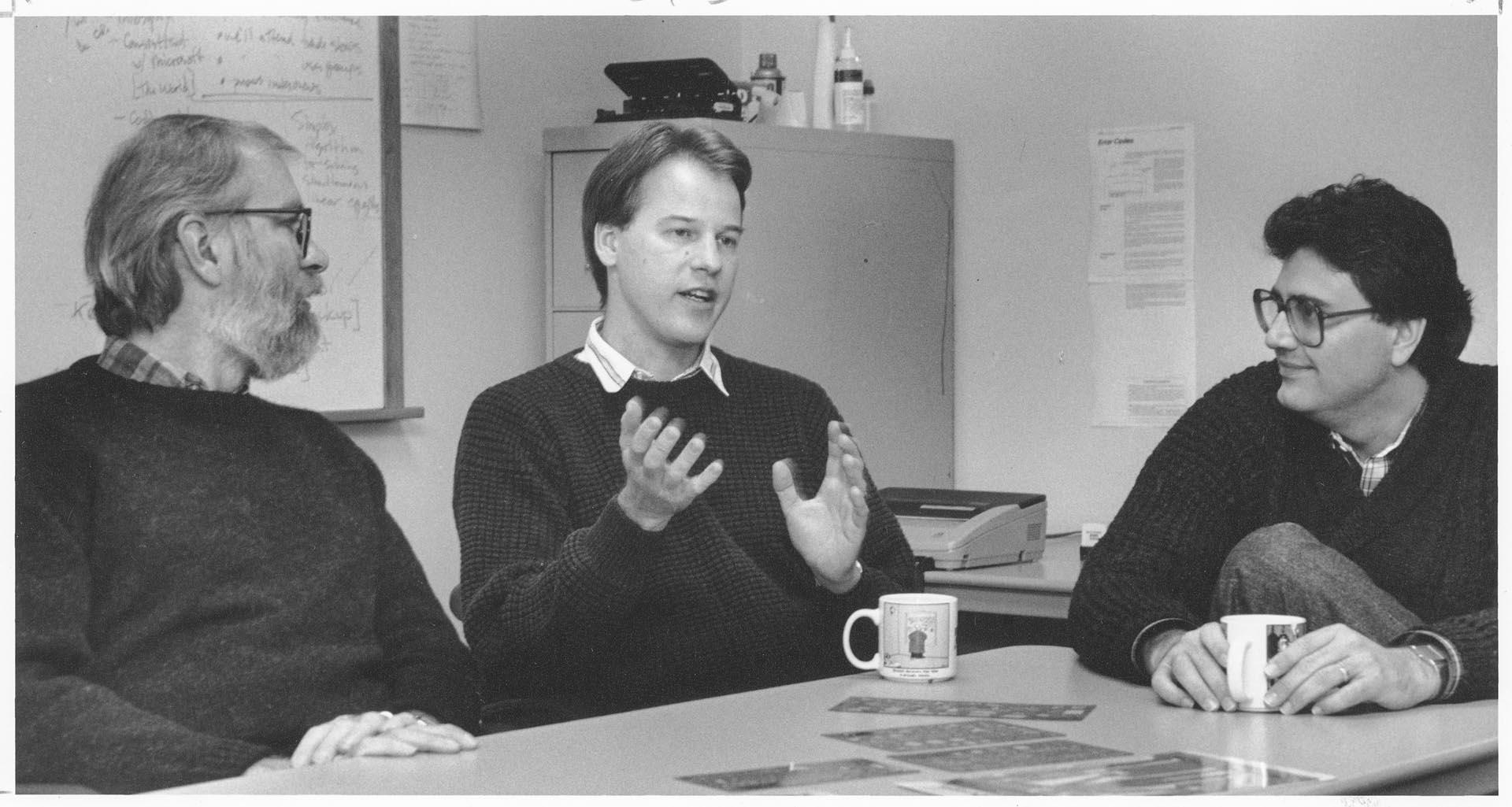 Image of Dave Walter, Jeremy Jaech, and Ted Johnson meeting about Axon, Seattle, October 19, 1990