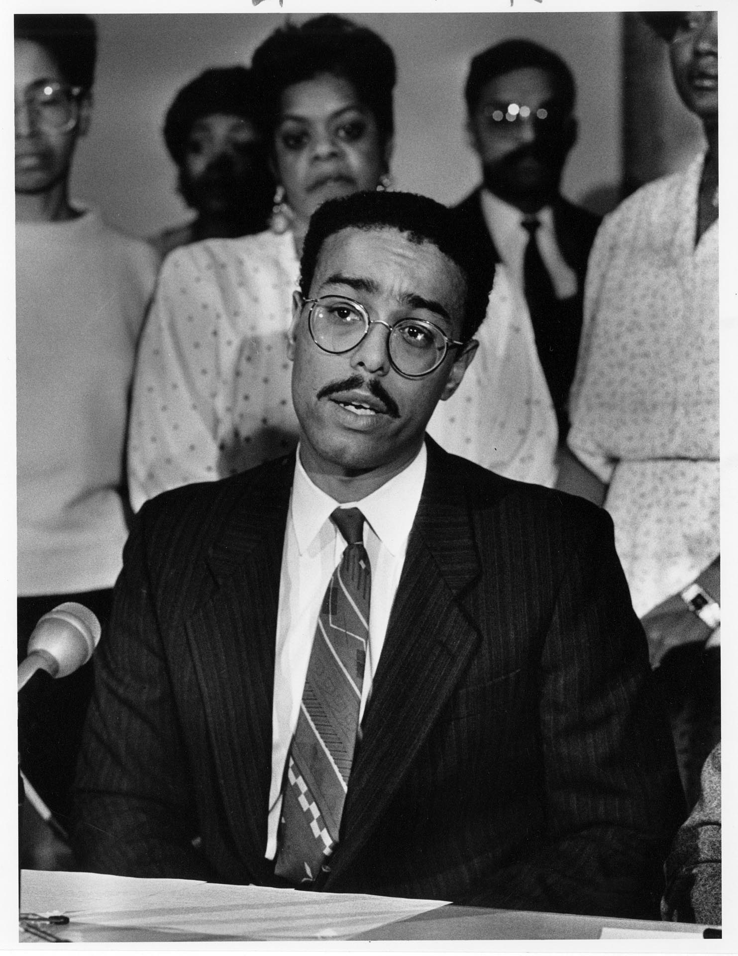 Image of James Kelly speaking at press conference at Mt. Zion Baptist Church, Seattle, December 5, 1988