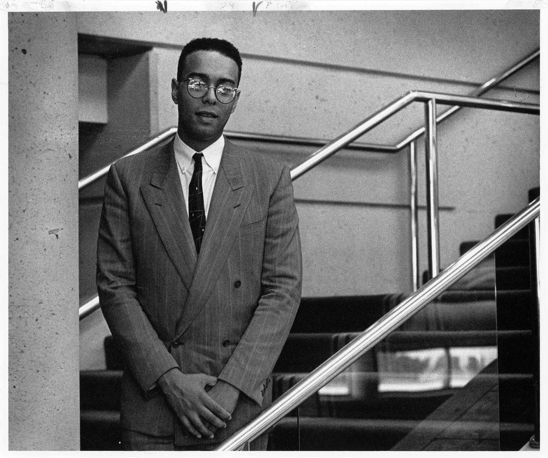 Image of James Kelly standing outside building, Seattle, November 8, 1991