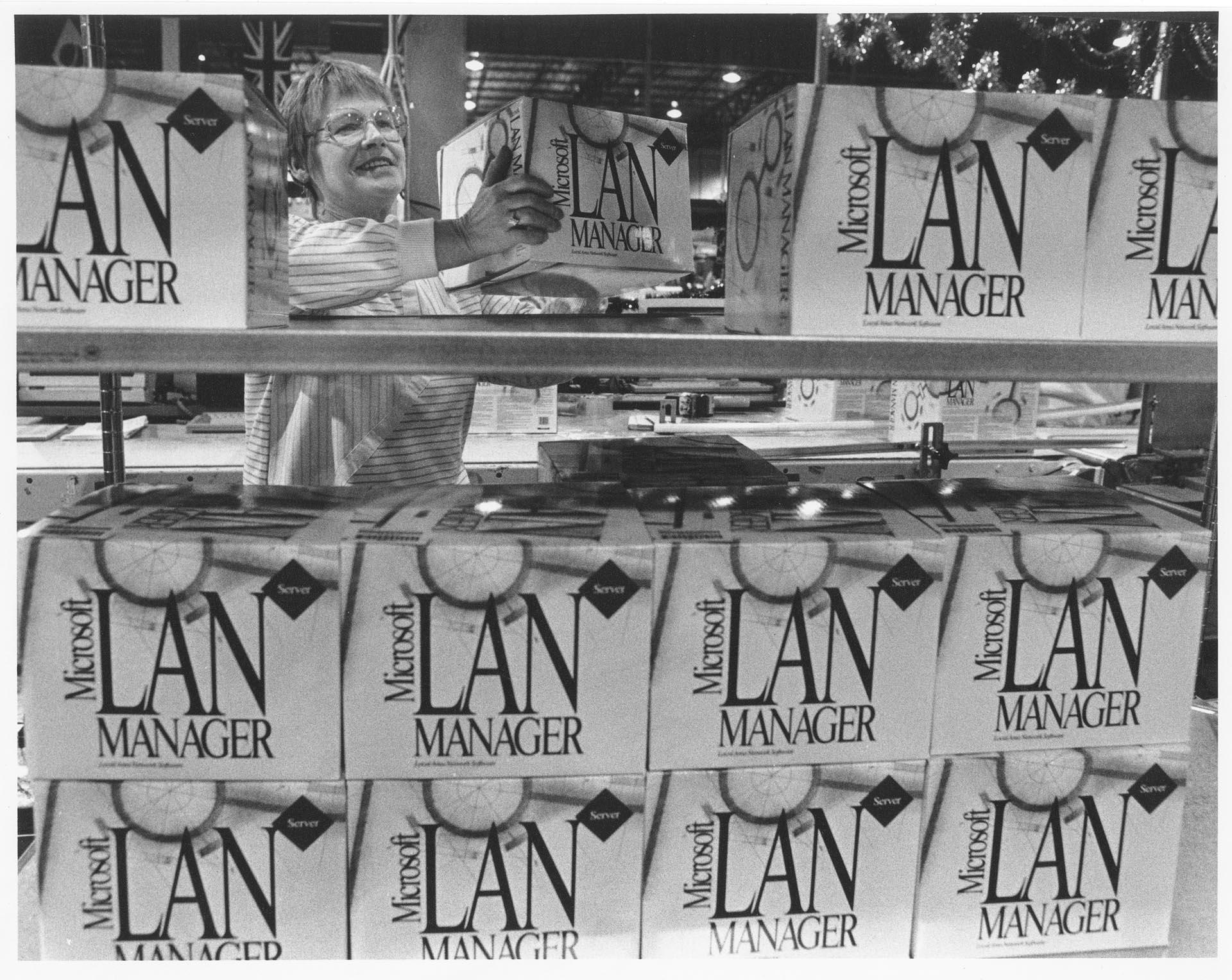 Image of Nancy Lofurno readying Microsoft product shipments, Bothell, December 19, 1991