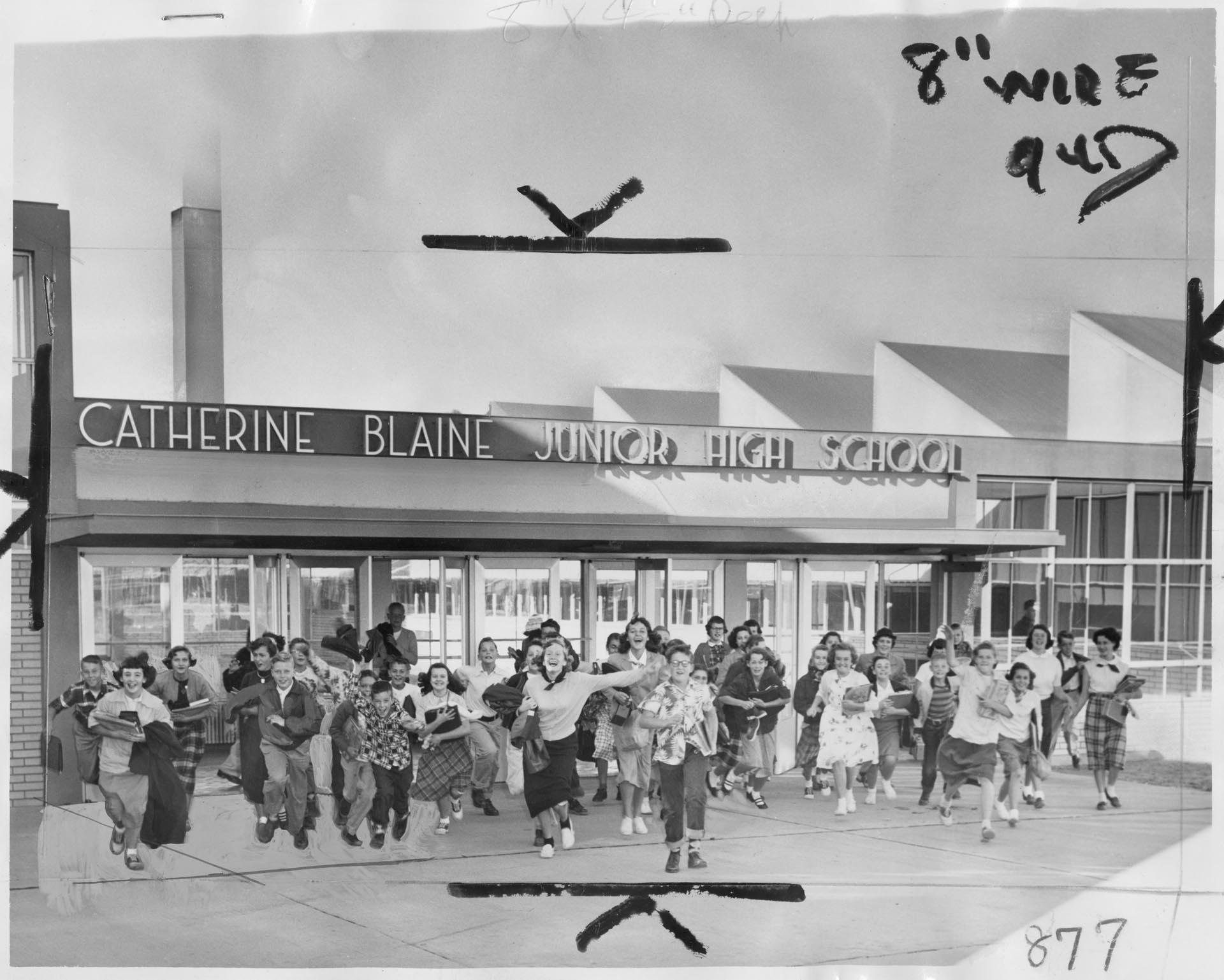 Image of Blaine School students exiting at end of day, Seattle, October 14, 1952