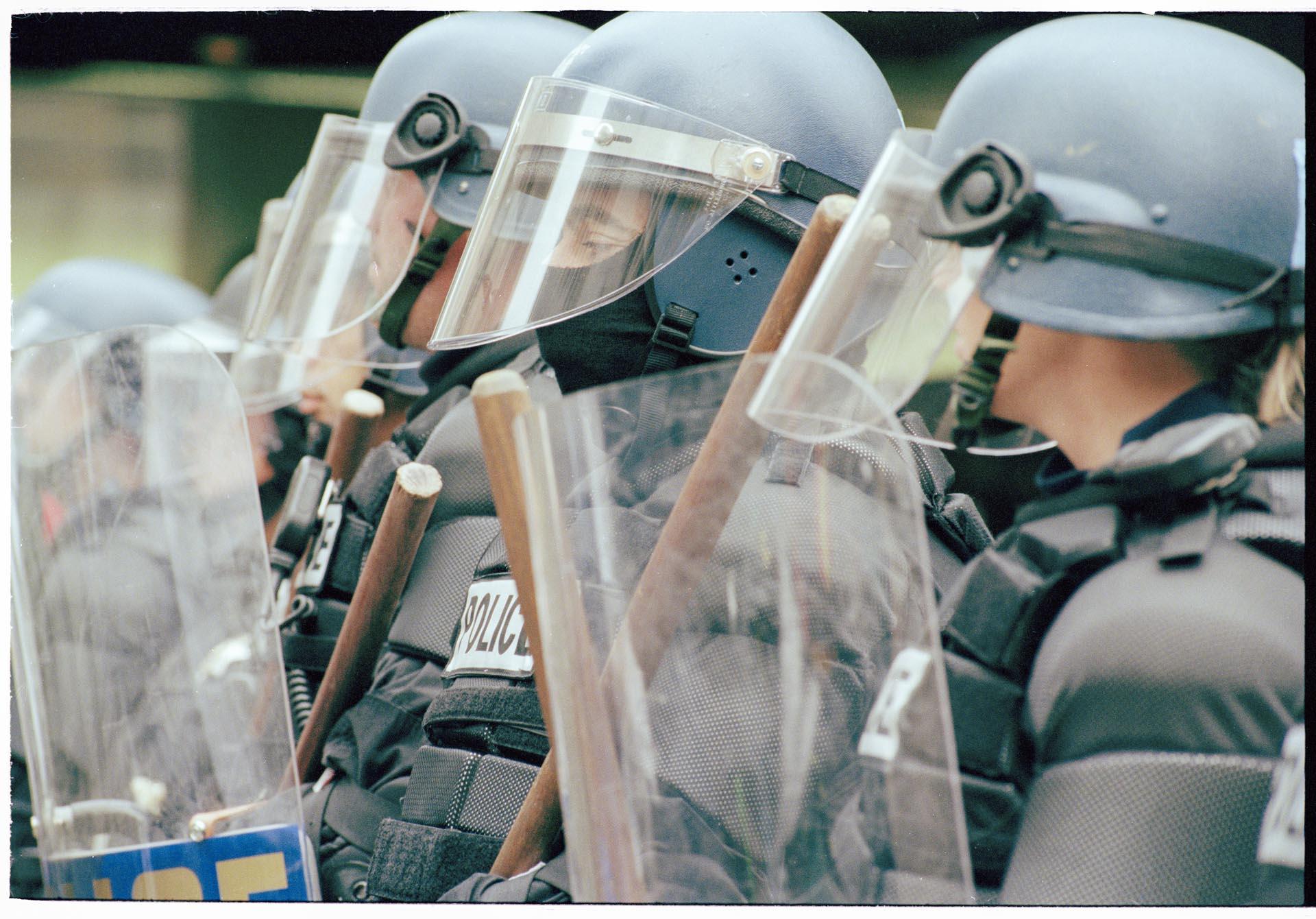 Image of Line of police officers at WTO protest, Seattle, December 1, 1999