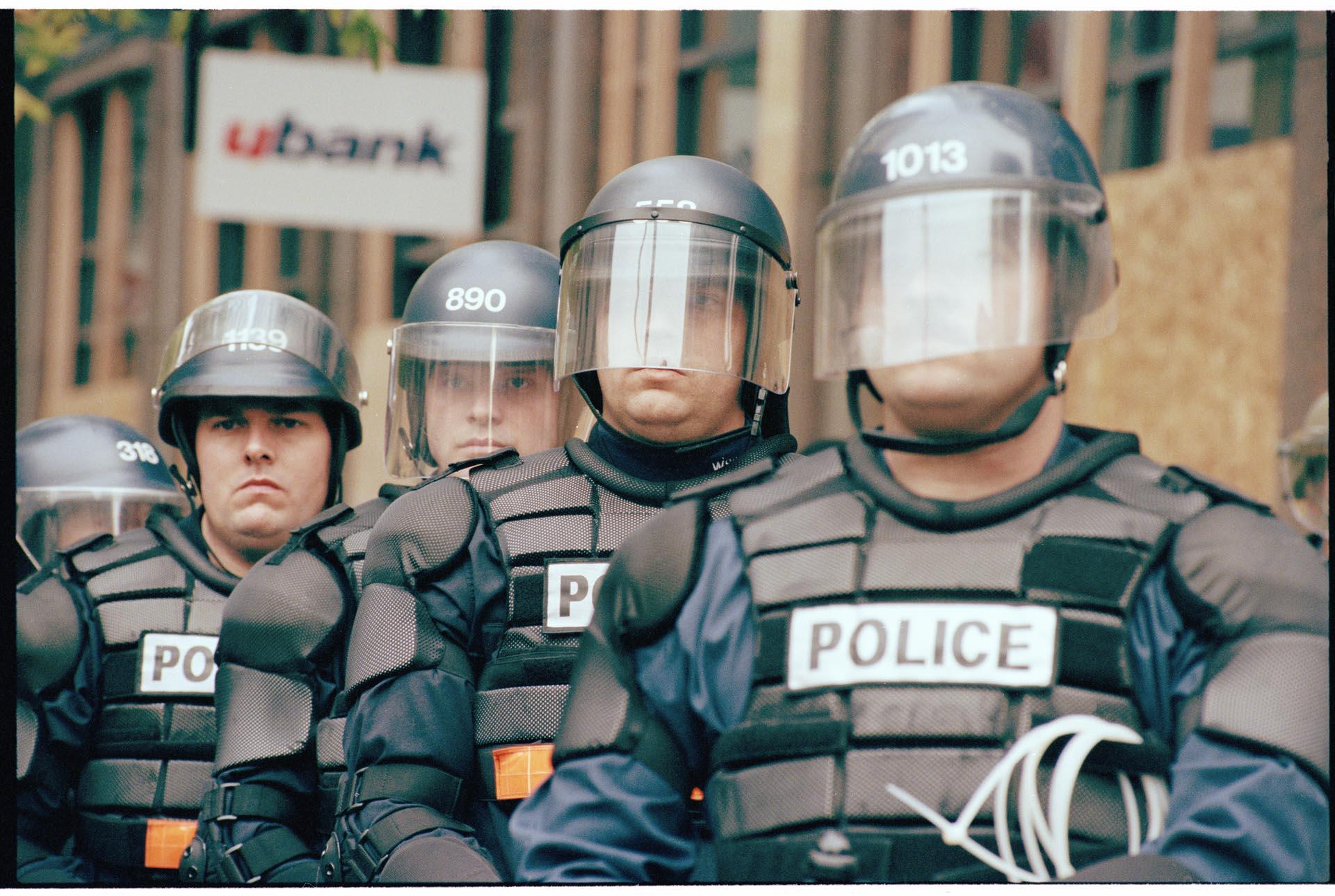 Image of Line of police officers at WTO protest, Seattle, December 1, 1999