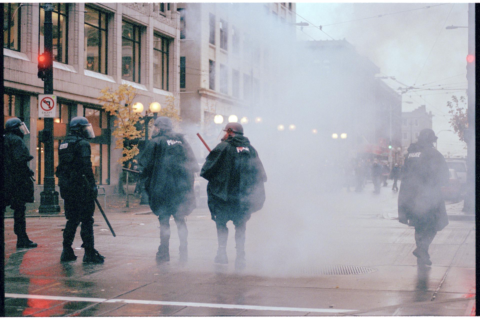 Image of Police line facing protesters at WTO protest, Seattle, December 1, 1999