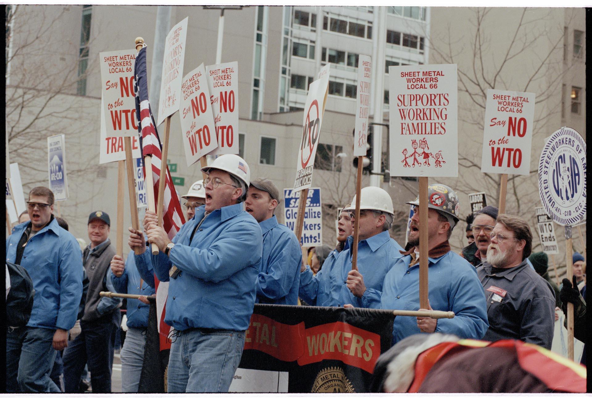 Image of Union workers demonstrating at WTO protests, Seattle, December 3, 1999