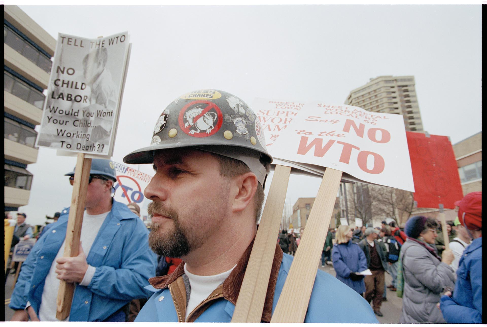 Image of Union workers marching at WTO protest, Seattle, December 3, 1999