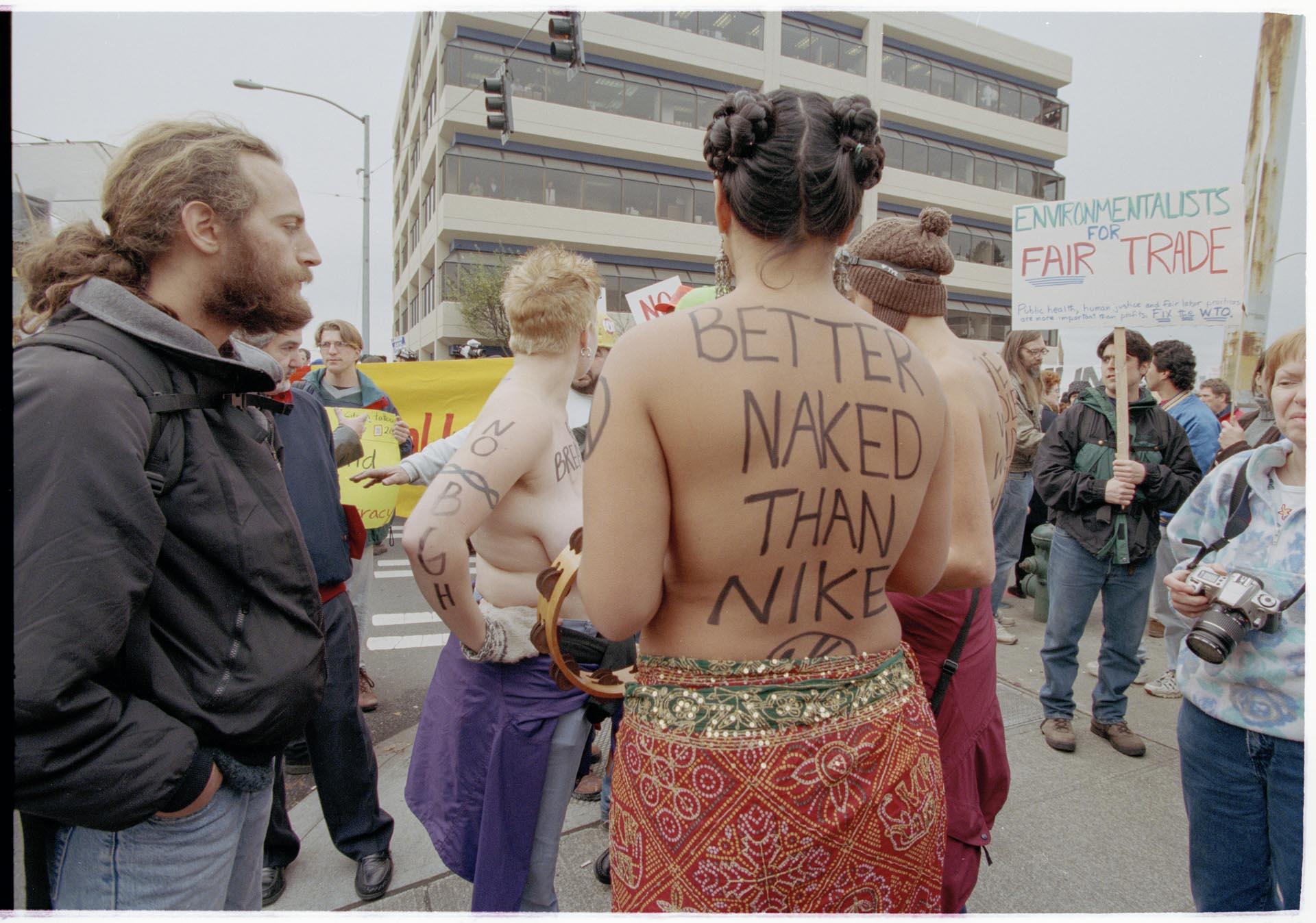Image of Topless demonstrators at WTO protest, Seattle, December 3, 1999