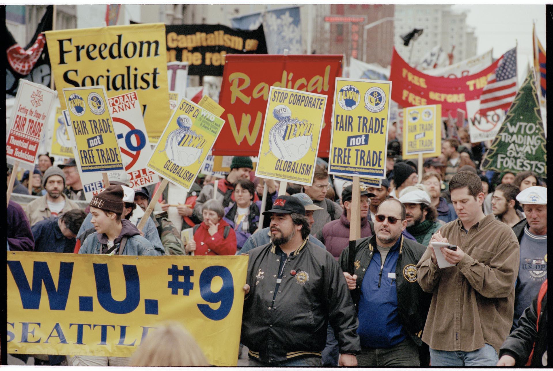 Image of Union workers marching at WTO protest, Seattle, December 3, 1999