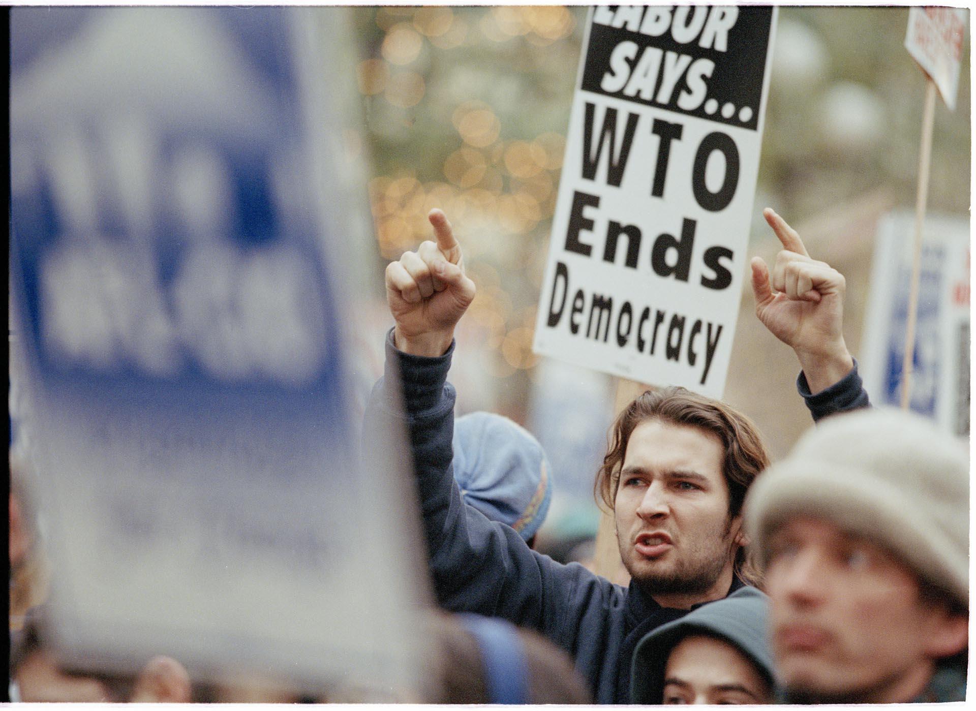 Image of Young man at WTO protest, Seattle, December 3, 1999