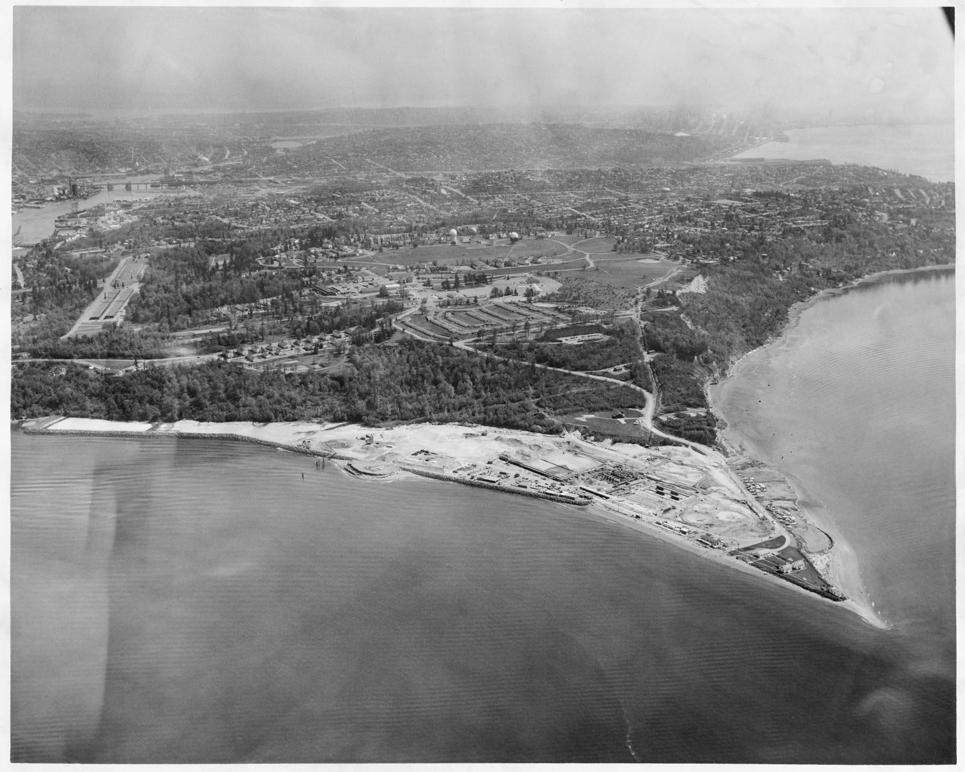 Image of Aerial view of Fort Lawton and Magnolia, Seattle, April 24, 1964