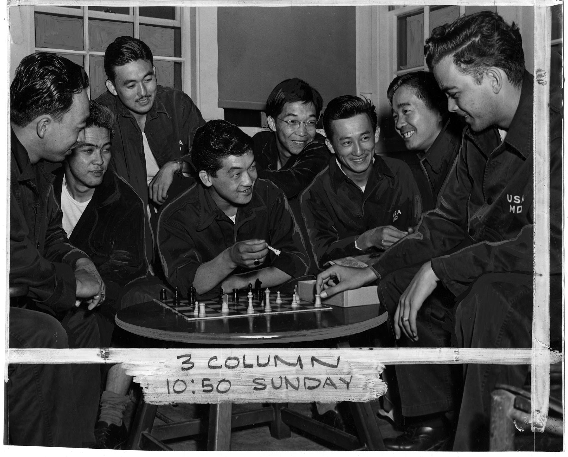 Image of Japanese American servicemen playing chess at Fort Lawton, Seattle, July 22, 1945