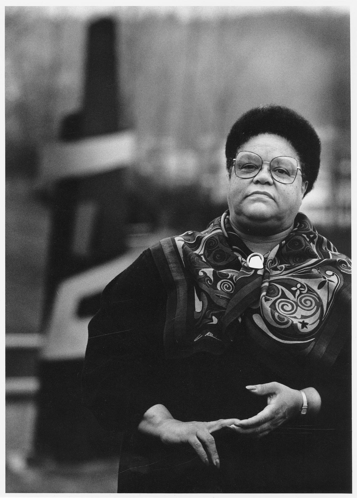 Image of Bettylou Valentine in front of Martin Luther King, Jr., Memorial, Seattle, February 15, 1992