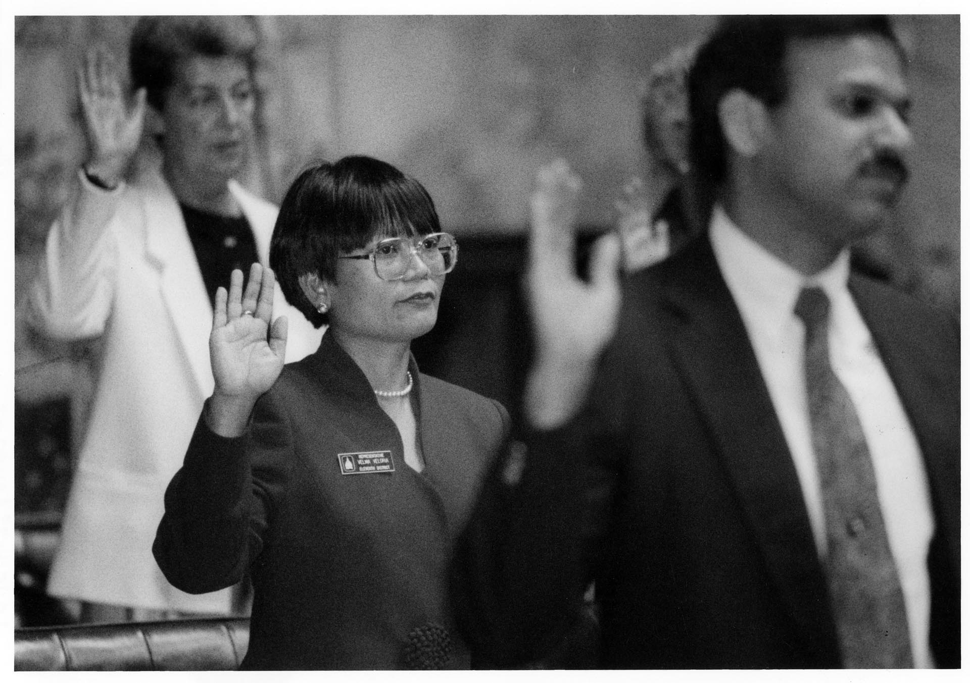 Image of Velma Veloria taking oath of office at Washington State House of Representatives, Olympia, January 11, 1993
