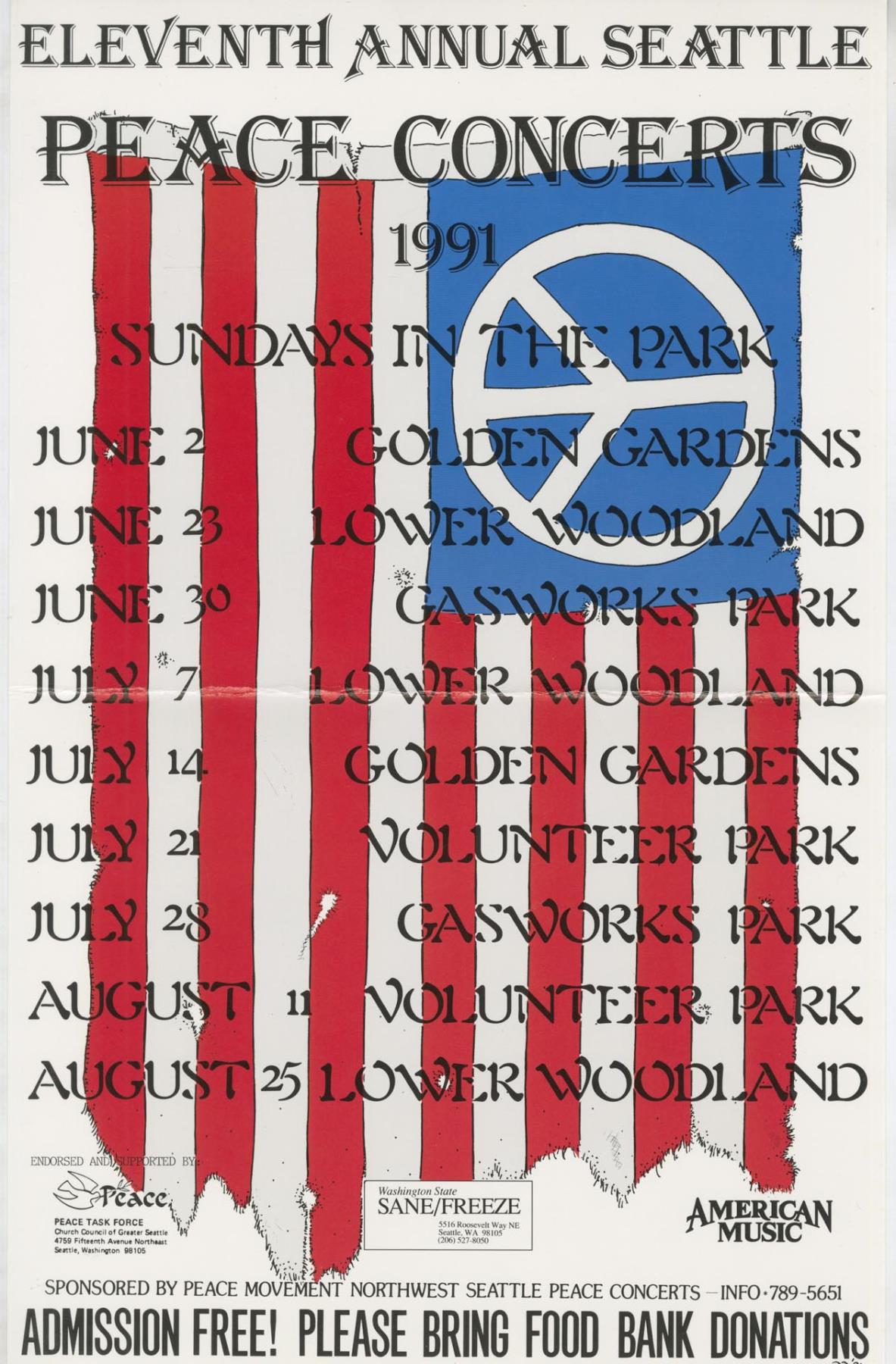 Image of Eleventh Annual Seattle Peace Concerts poster, June 2 - August 25, 1991