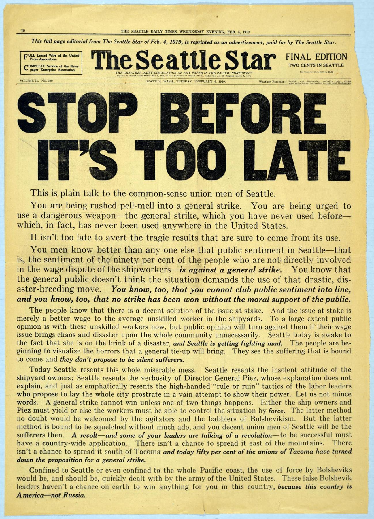 Image of Seattle Star, February 5, 1919