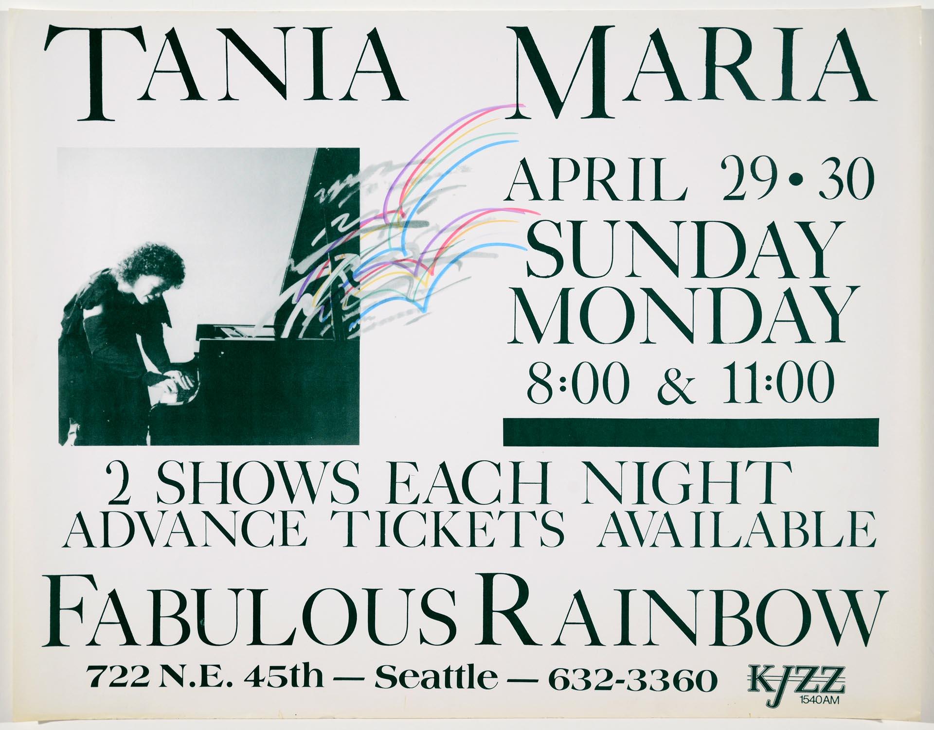 Image of Tania Maria at the Fabulous Rainbow poster, Seattle, April 29-30, 1984