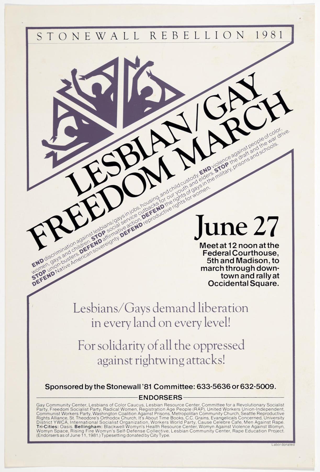 Image of Lesbian/Gay Freedom March poster, Seattle, June 27, 1981