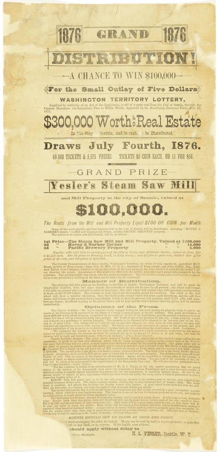 Image of First Grand Lottery of Washington Territory broadside, Seattle, 1876