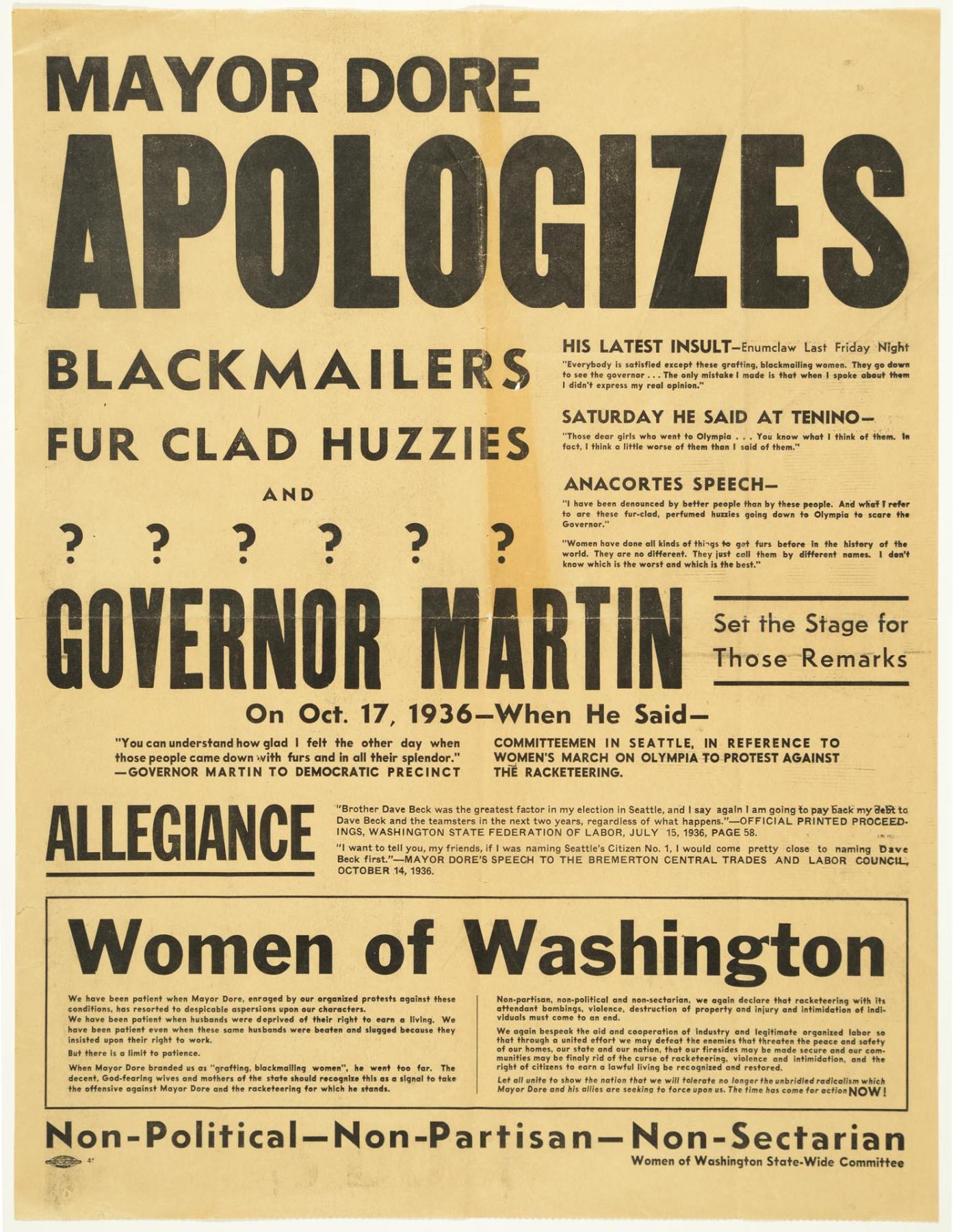 Image of Mayor Dore Apologizes poster, Seattle, 1936