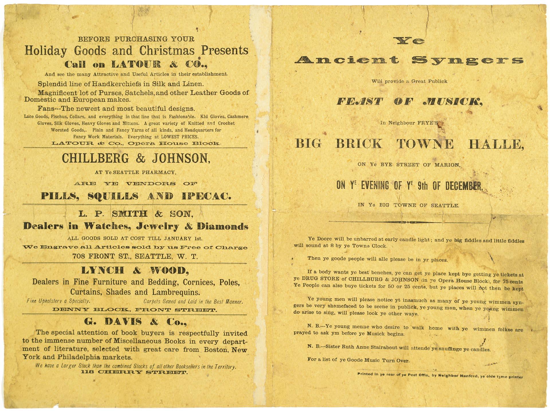 Image of Ye Ancient Syngers concert program, Seattle, December 9, 1884