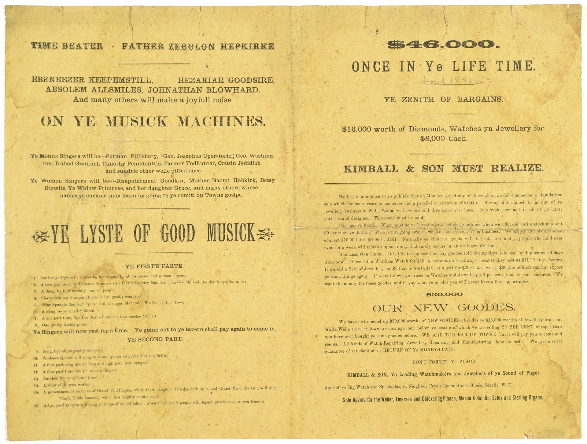Image of Ye Ancient Syngers concert program, Seattle, December 9, 1884