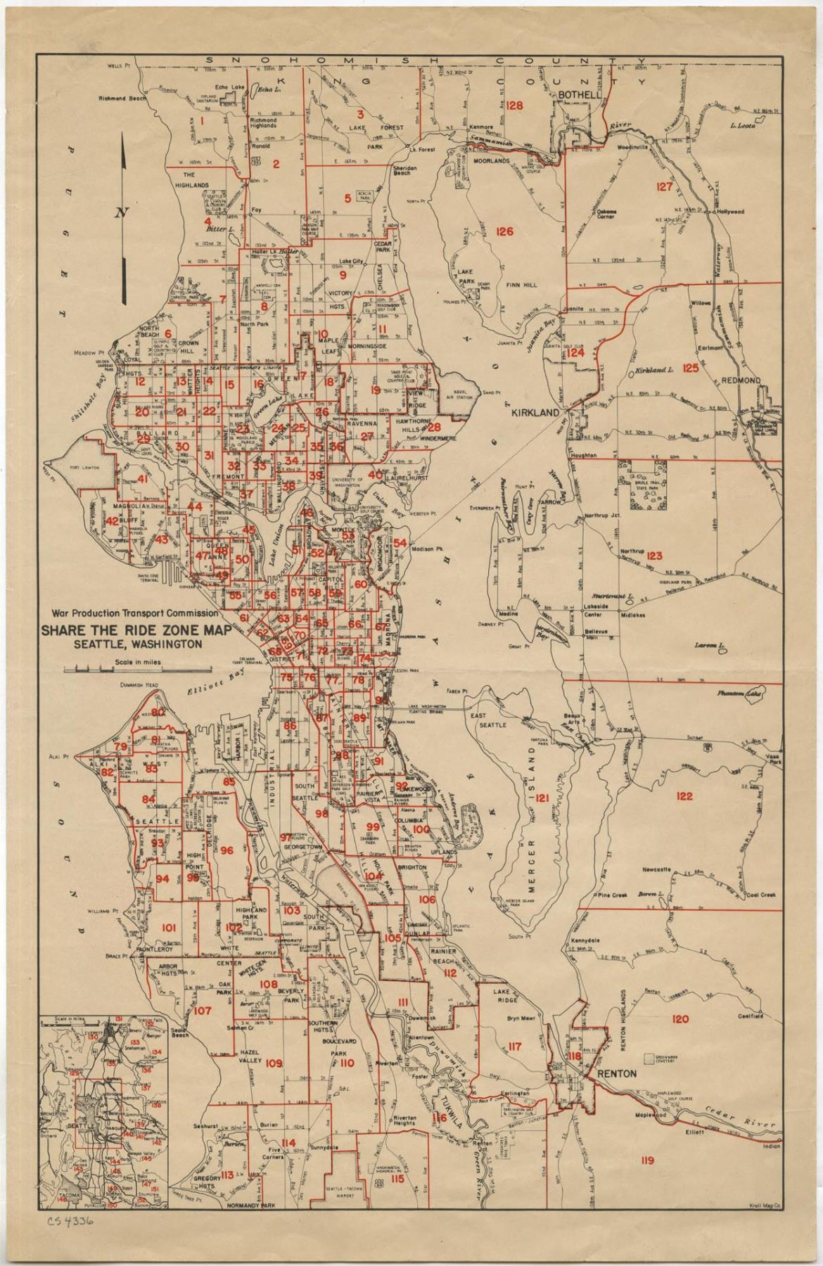 Image of Share the Ride Zone Map, Seattle, 1942