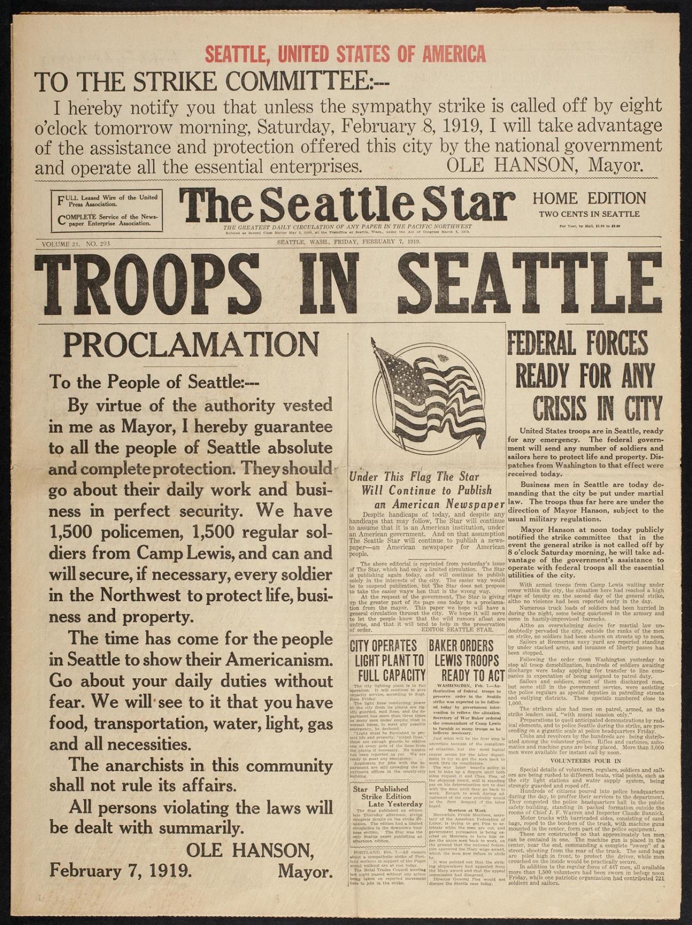 Image of Seattle Star front page, February 7, 1919