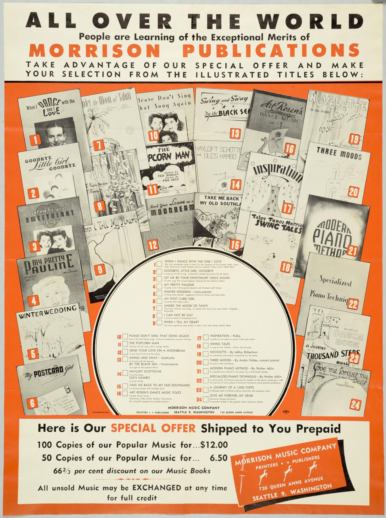Image of Morrison Music Company advertisement, Seattle, circa 1950
