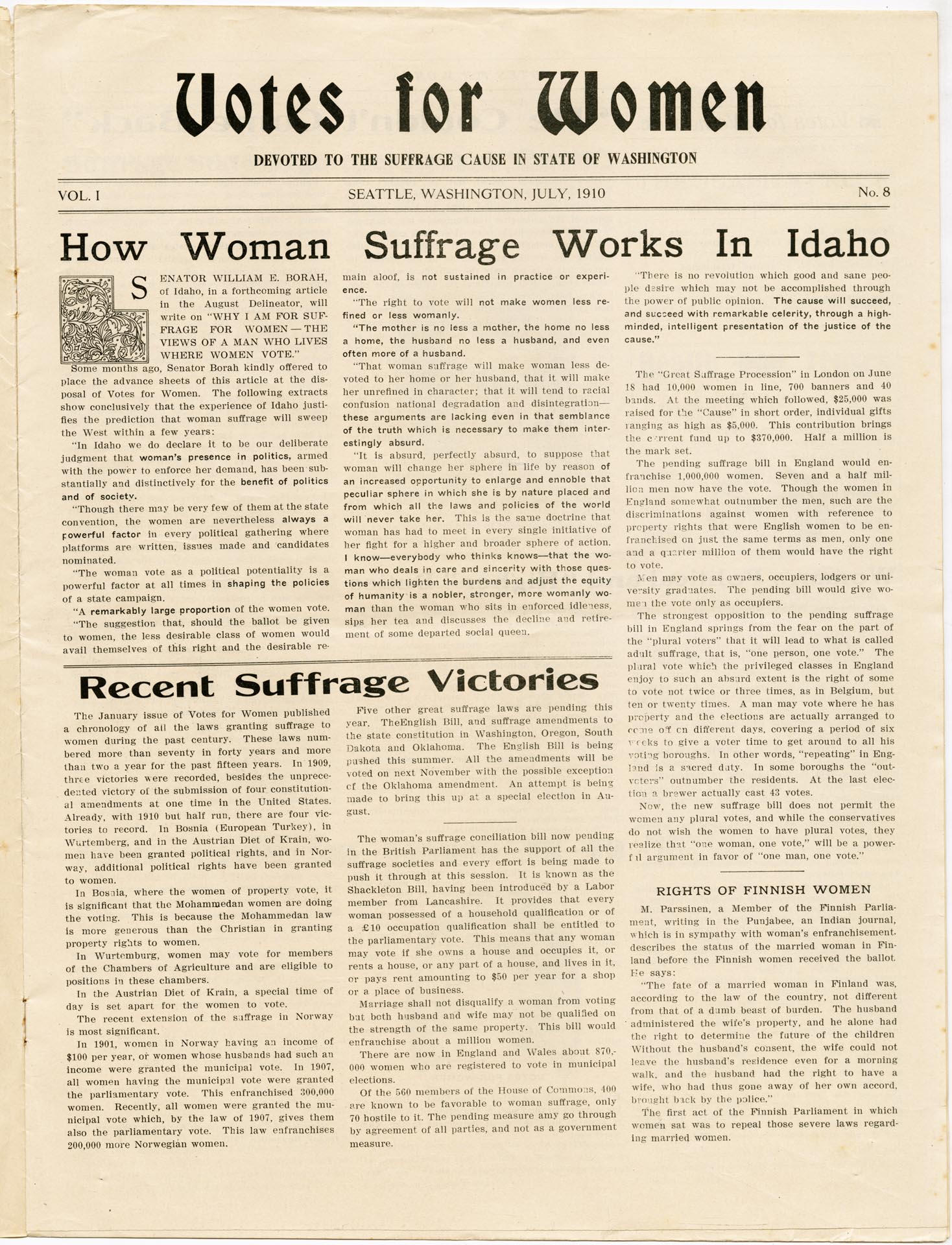 Image of Votes for Women, Vol. 1, No. 8, July 1910