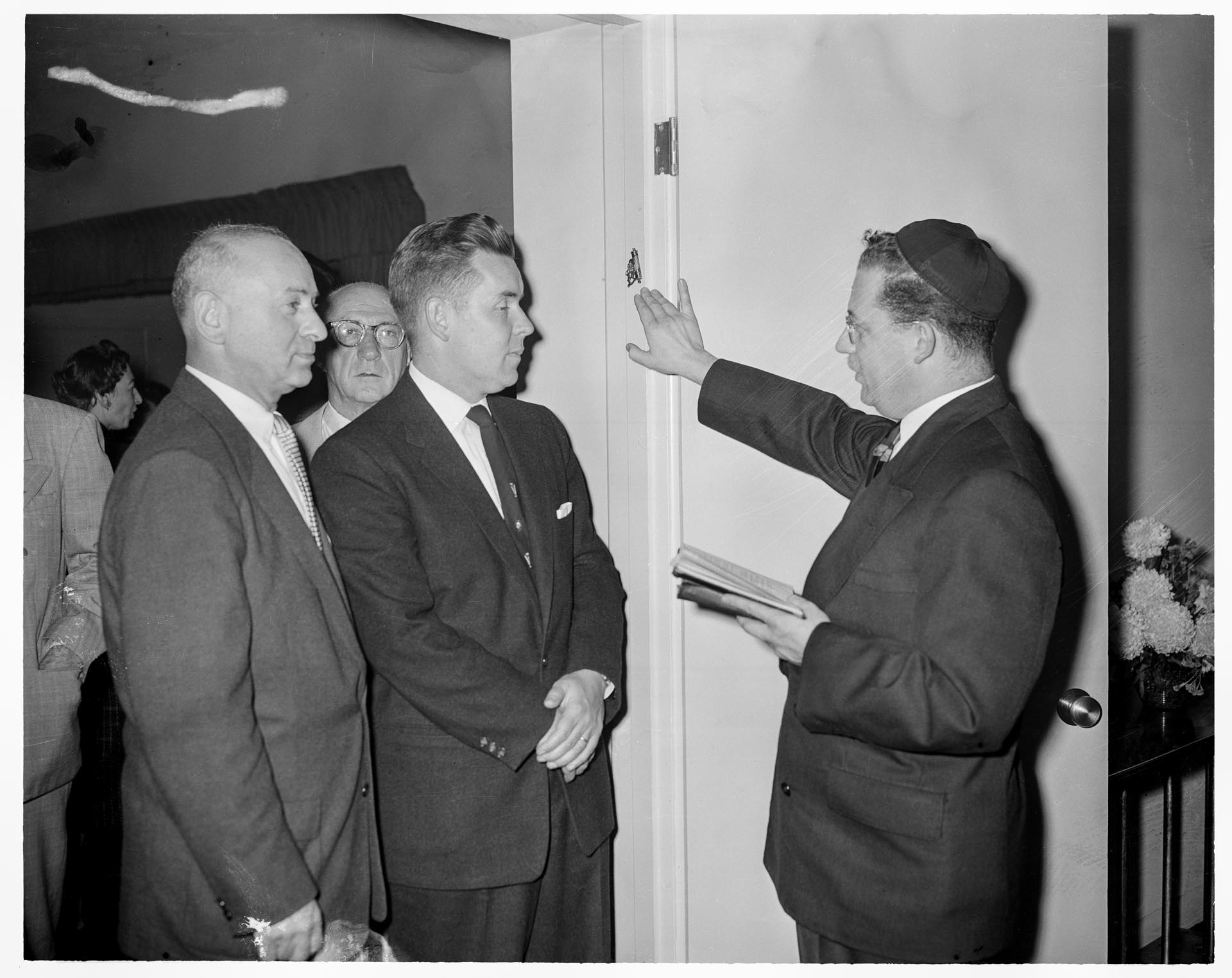 Image of Three men at Herzl Synagogue before Rosh HaShanah celebrations, Seattle, September 18, 1960