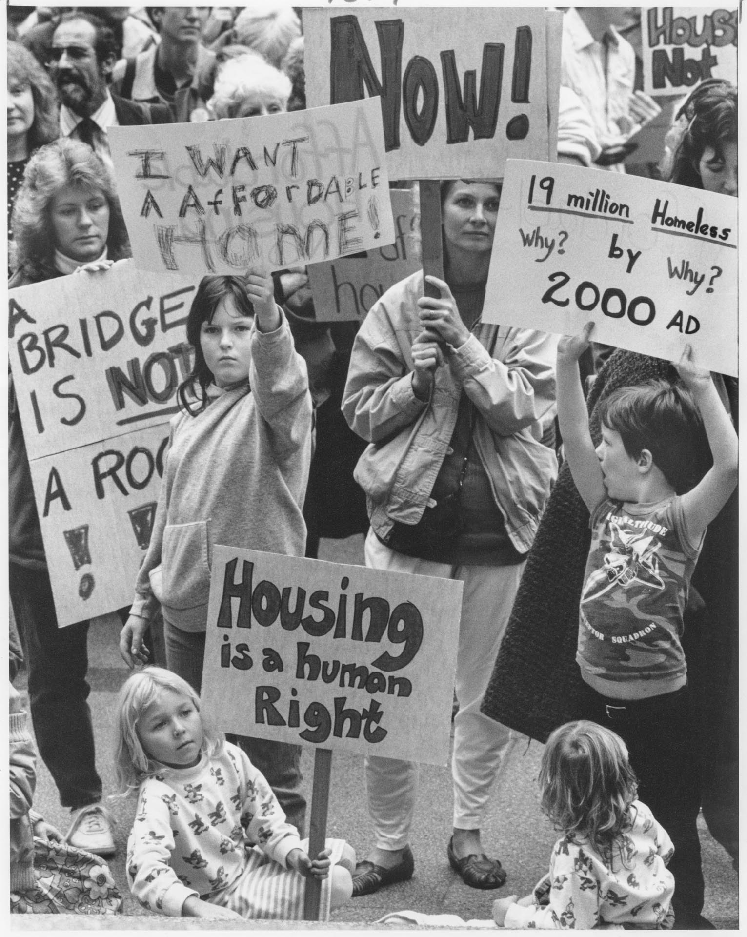 Image of Protestors demonstrating in favor of low income housing, Seattle, October 12, 1988
