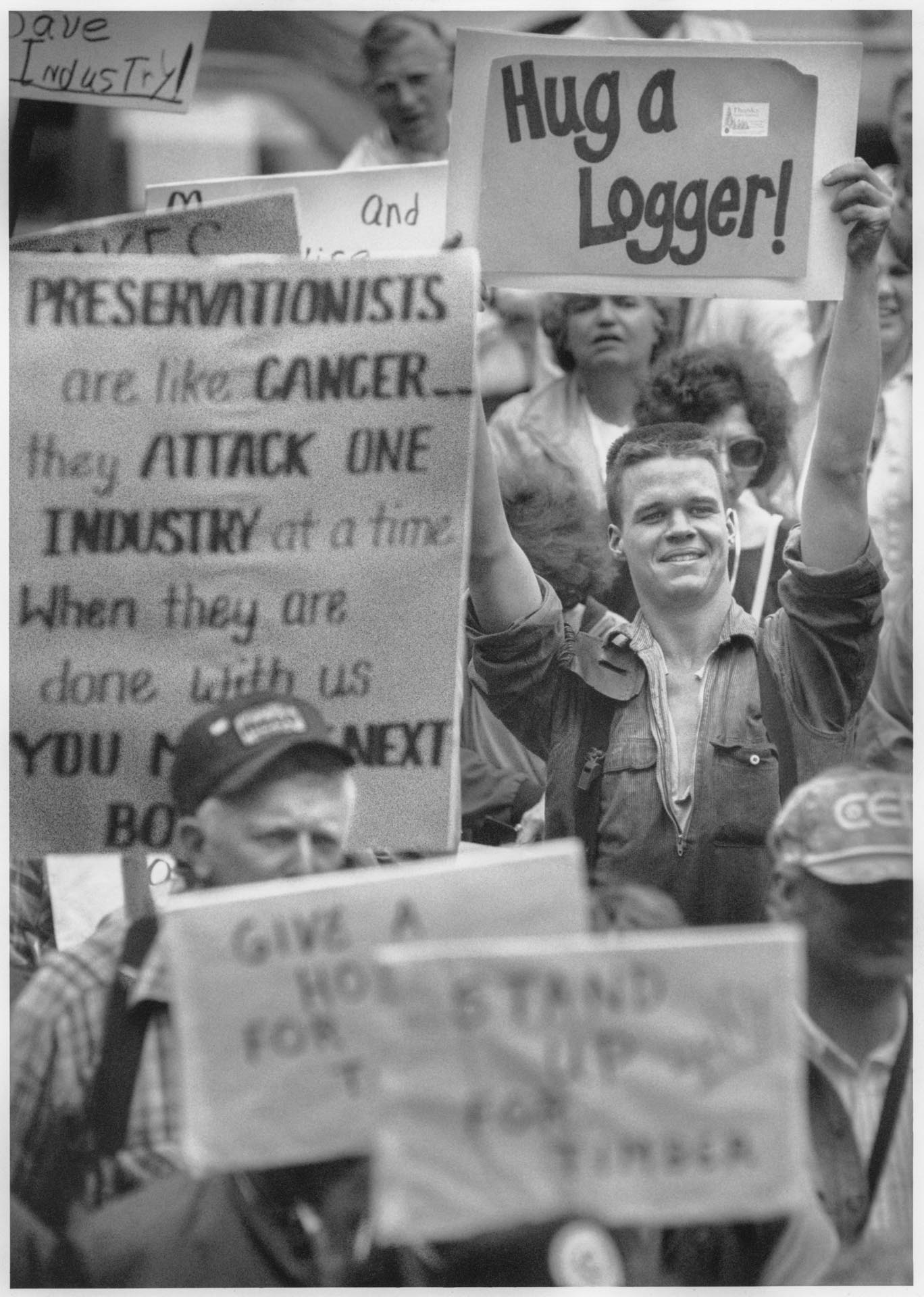 Image of Logger Chad Johnson at logging industry rally, Federal Courthouse, Seattle, May 6, 1991