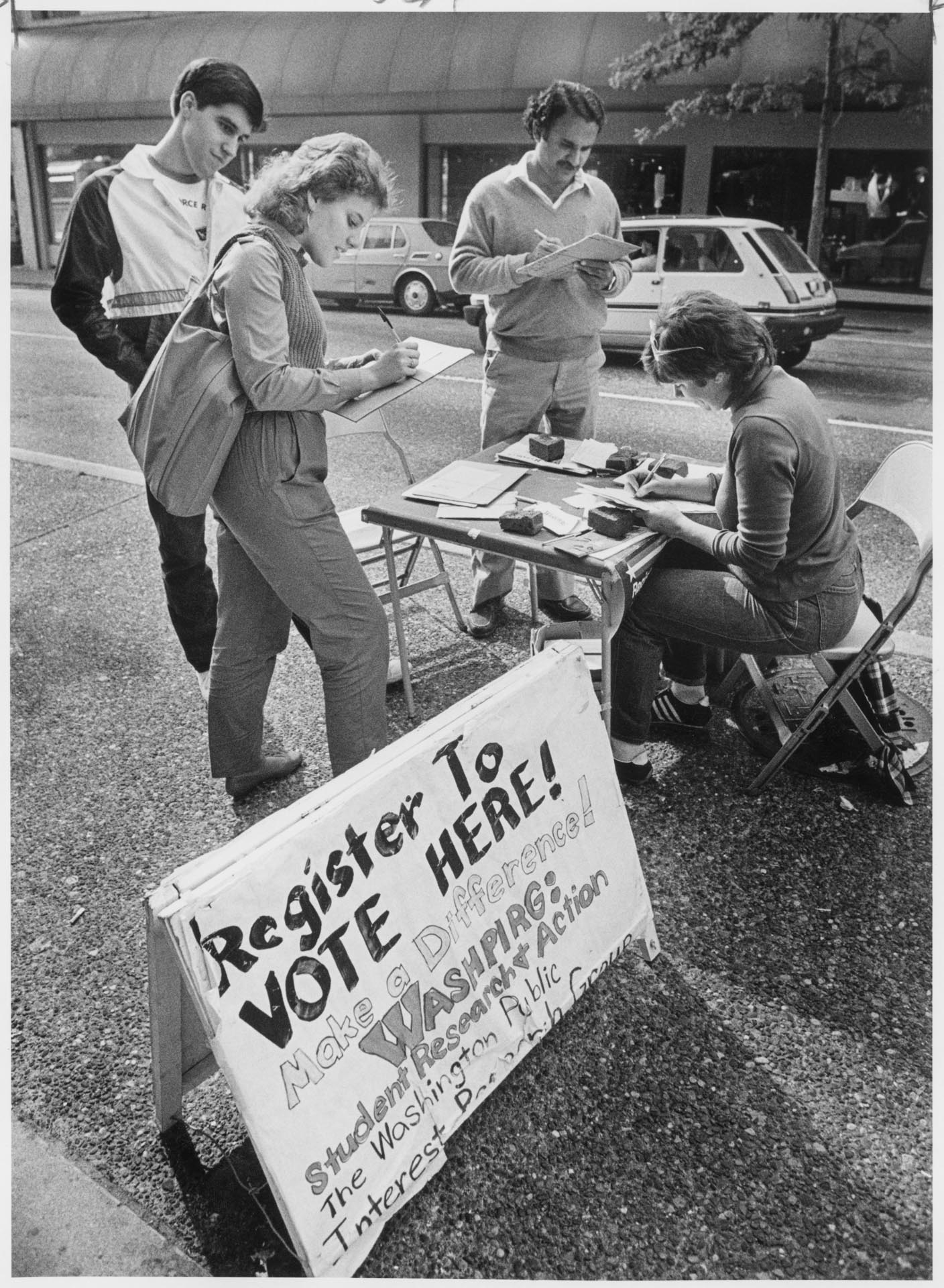 Image of Voter registration table in front of University Bookstore, Seattle, October 3, 1984