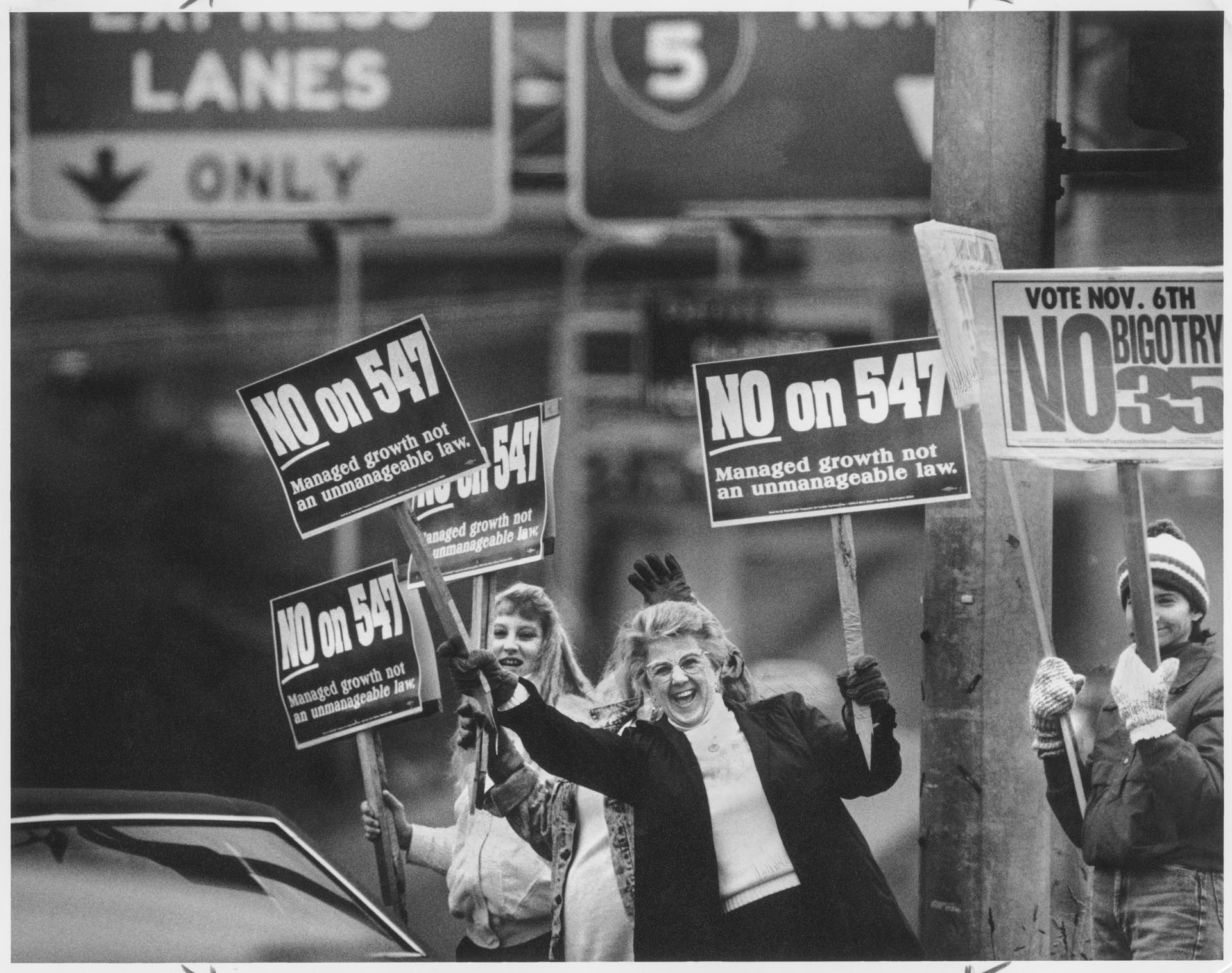 Image of People on Mercer Street opposing Initiatives 547 and 35, Seattle, November 6, 1990