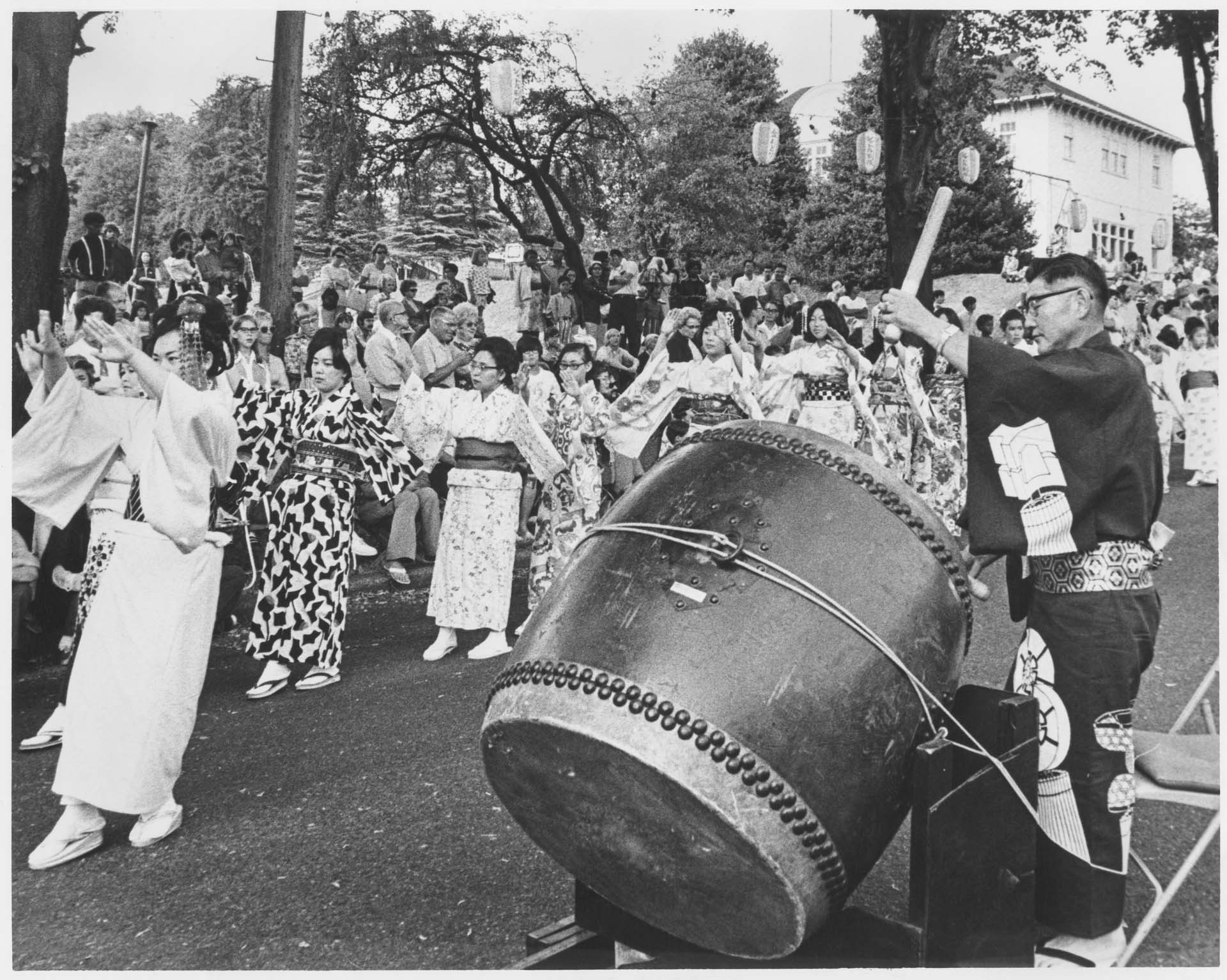 Image of Drummer and dancers at Bon Odori festival, Seattle, July 1977