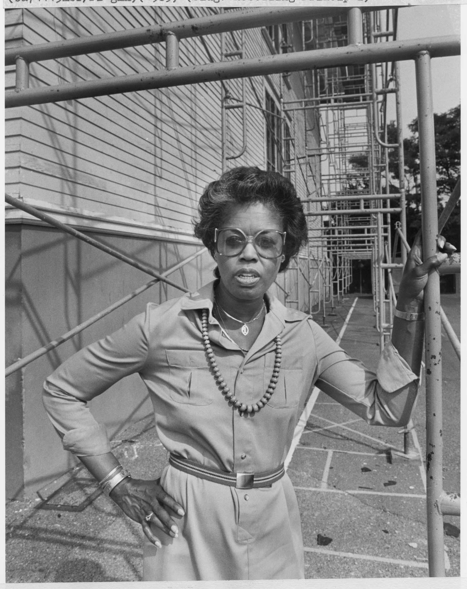 Image of Louise McKinney outside John Hay Elementary, Seattle, August 26, 1983