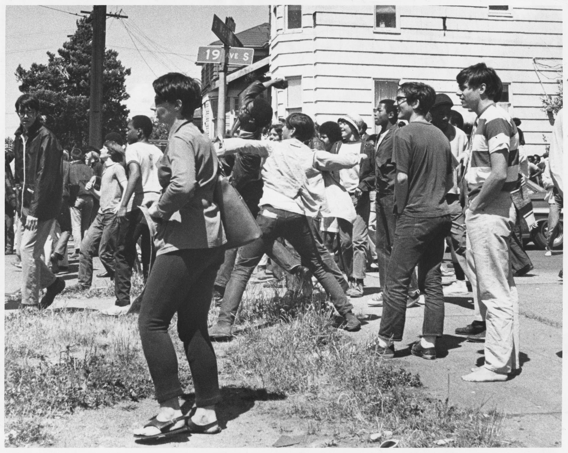 Image of Demonstrators at 19th Avenue S. and S. Washington Street, Seattle, May 26, 1969