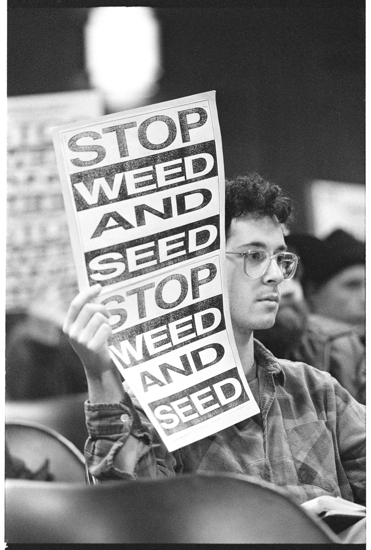 Image of Weed and Seed protester at City Council meeting, Seattle, December 14, 1992