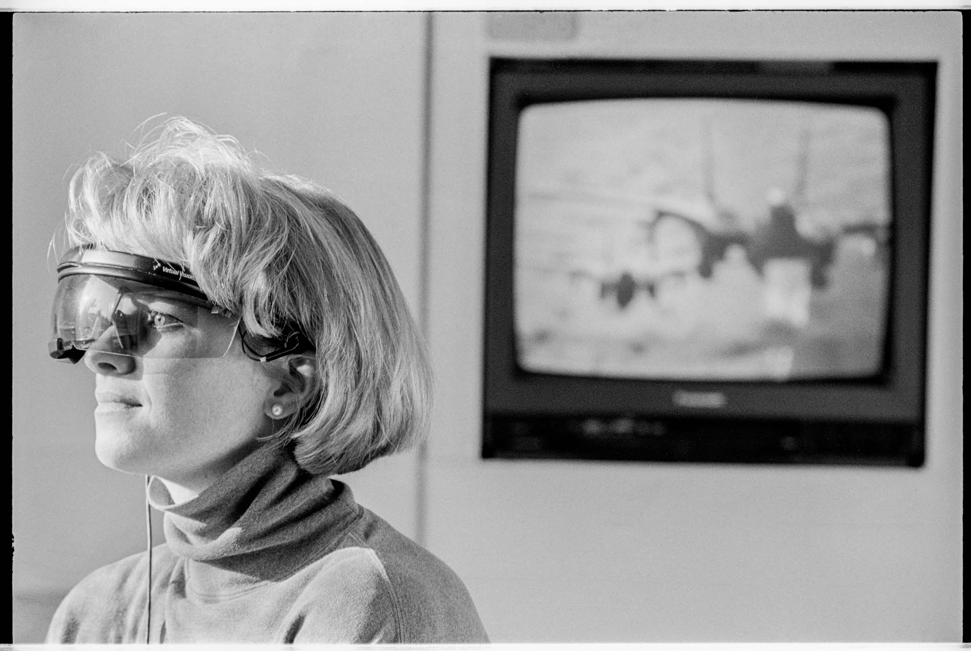 Image of Woman wearing Virtual Vision Sport headset, December 18, 1992