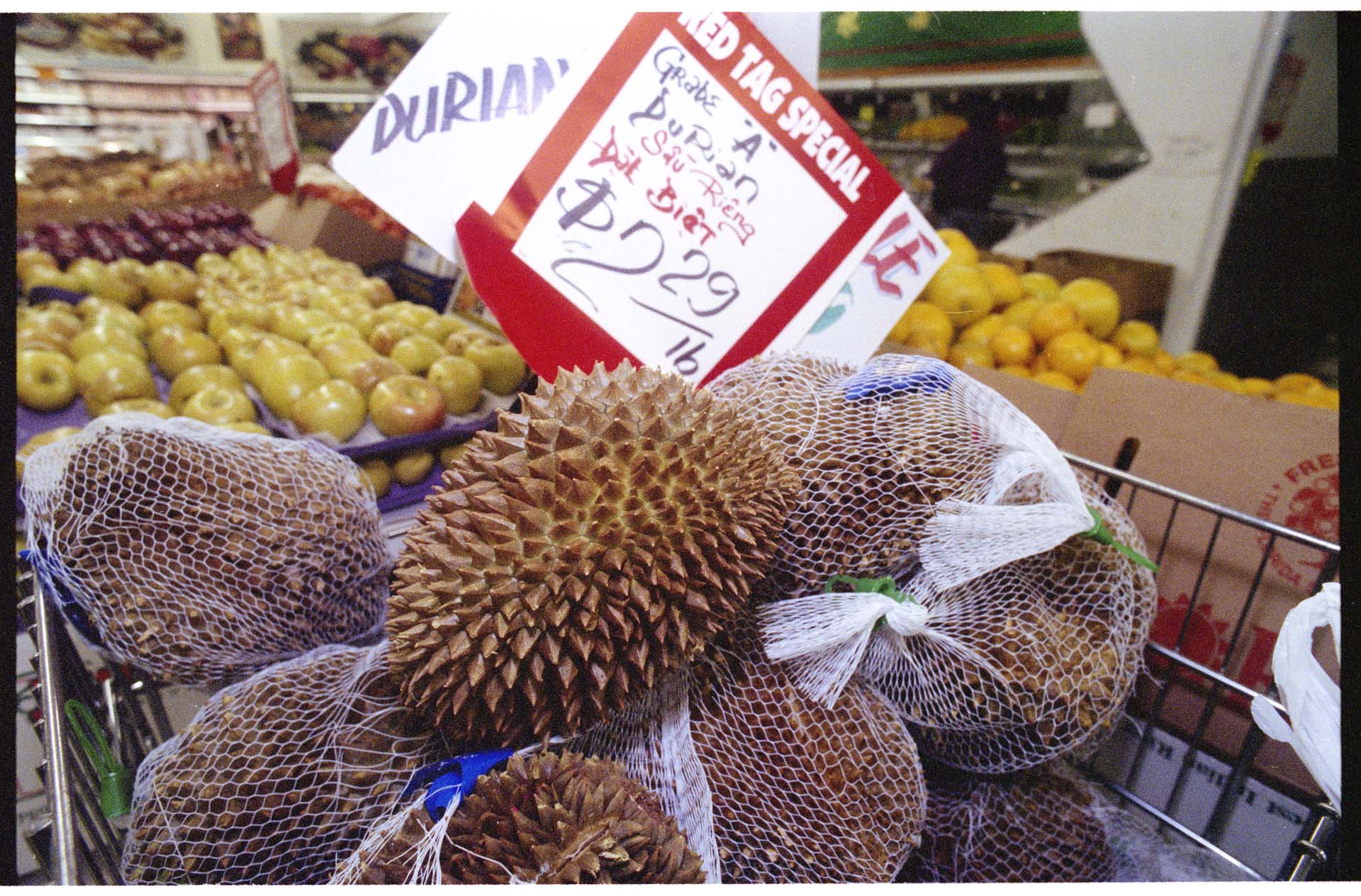 Image of Display of durian at Viet-Wah supermarket, Seattle, February 14, 1993