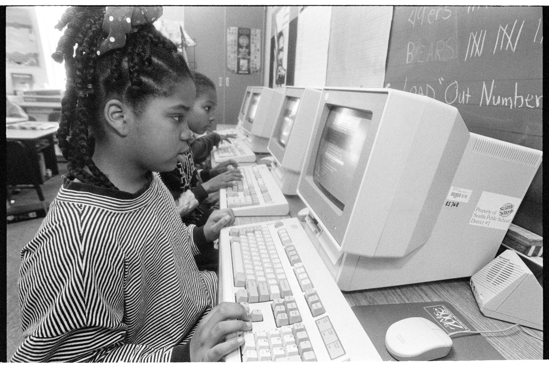 Image of Colman Elementary School students working at computers, Seattle, February 8, 1993