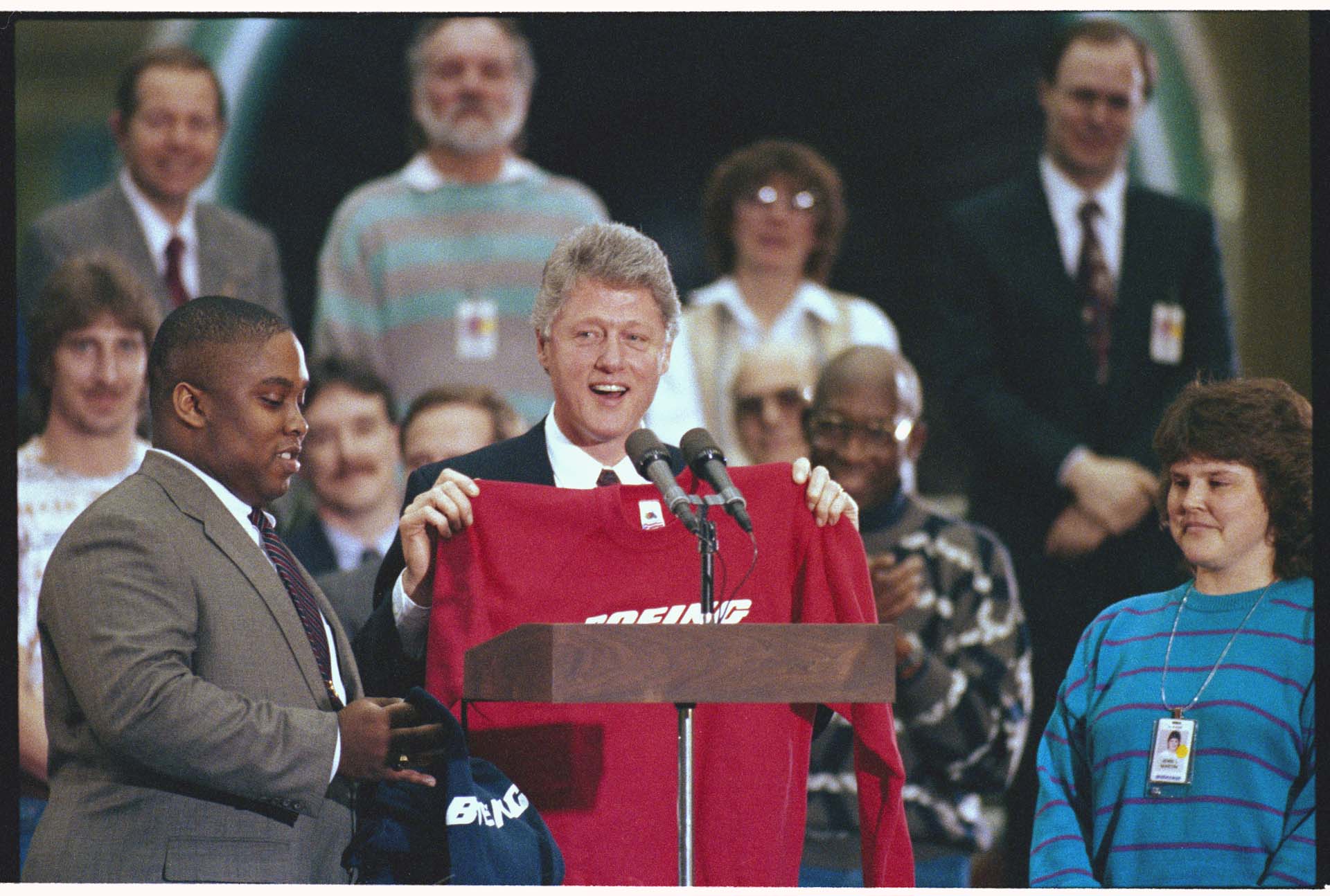 Image of President Clinton speaking to employees at  Boeing plant, Everett, February 22, 1993