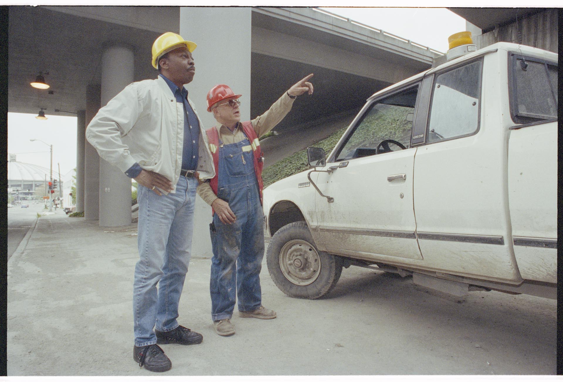 Image of Art Pearson and Enas Epperson at job site, April 8, 1993