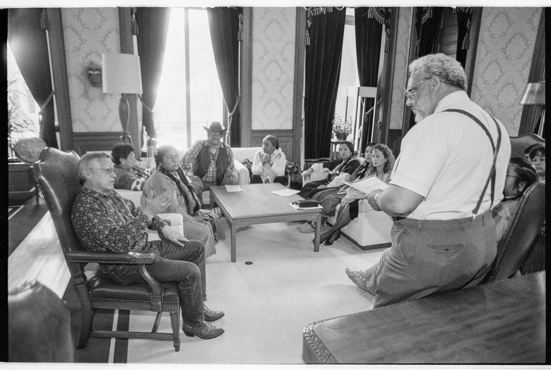 Image of Yakama Nation group discussing water rights petition, Olympia, April 20, 1993