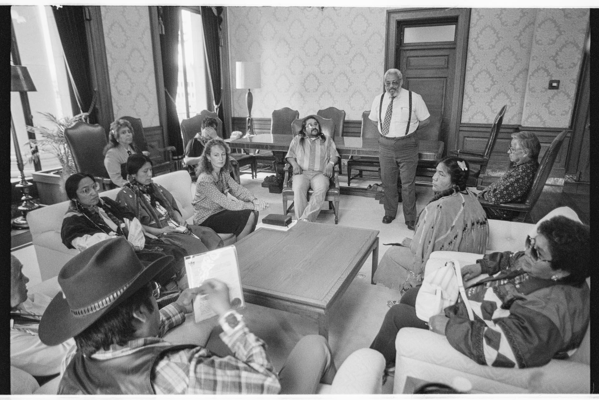Image of Yakama Nation group discussing water rights petition, Olympia, April 20, 1993