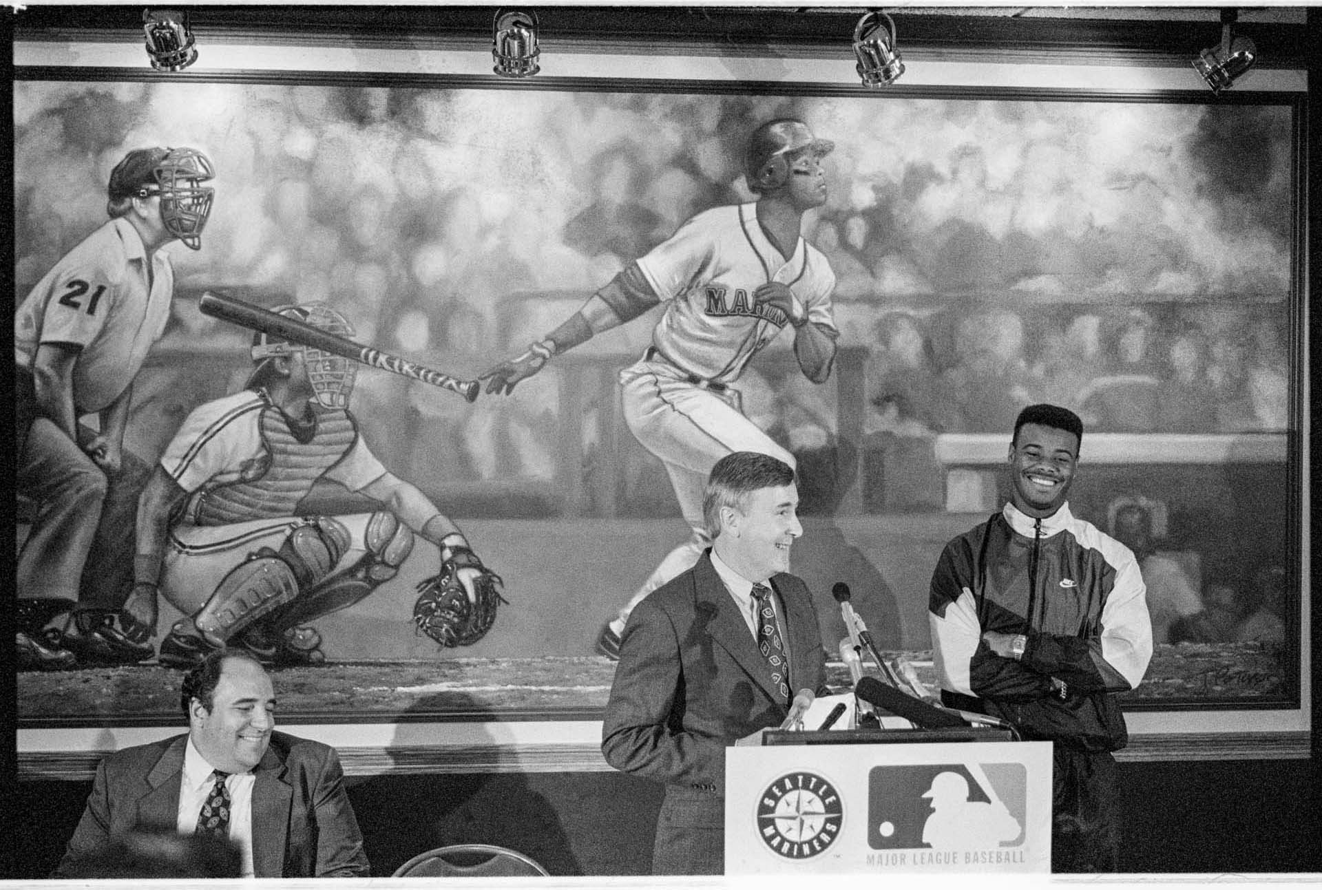 Image of Ken Griffey, Jr. at press conference announcing Nintendo game, Seattle, May 11, 1993