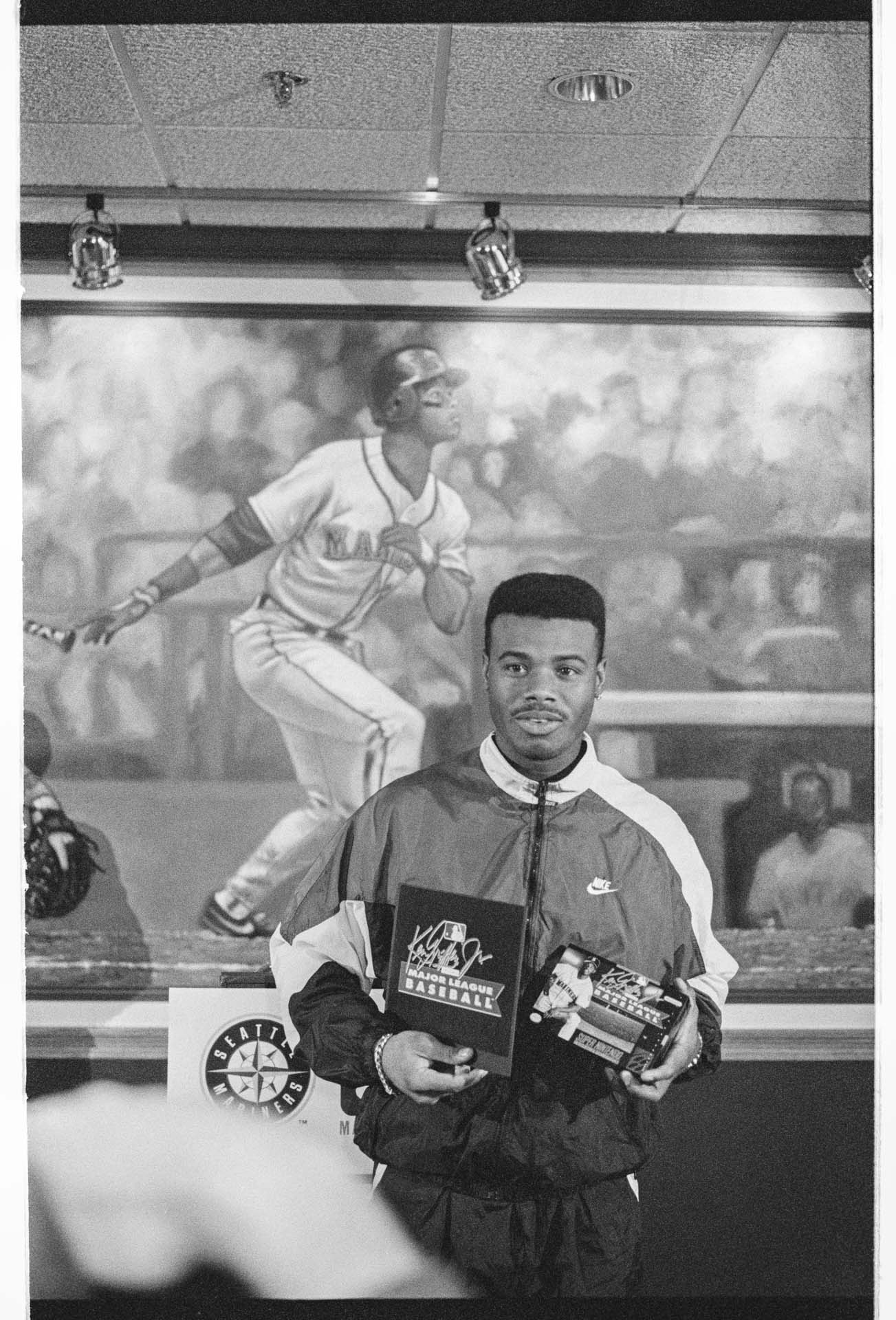 Image of Ken Griffey, Jr. at press conference announcing  Nintendo game, Seattle, May 11, 1993