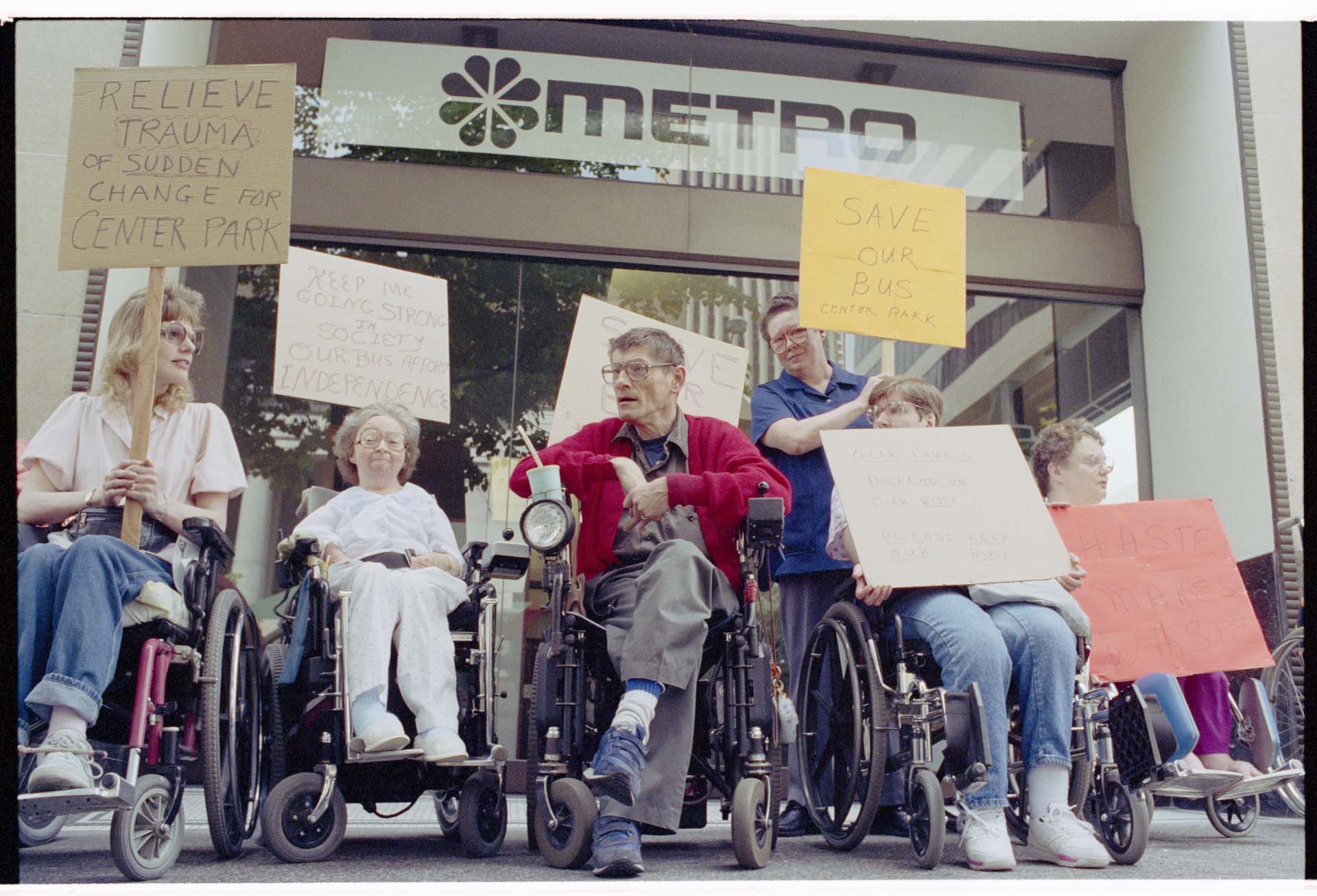 Image of Center Park housing residents protesting proposed Metro bus changes, Seattle, May 18, 1993