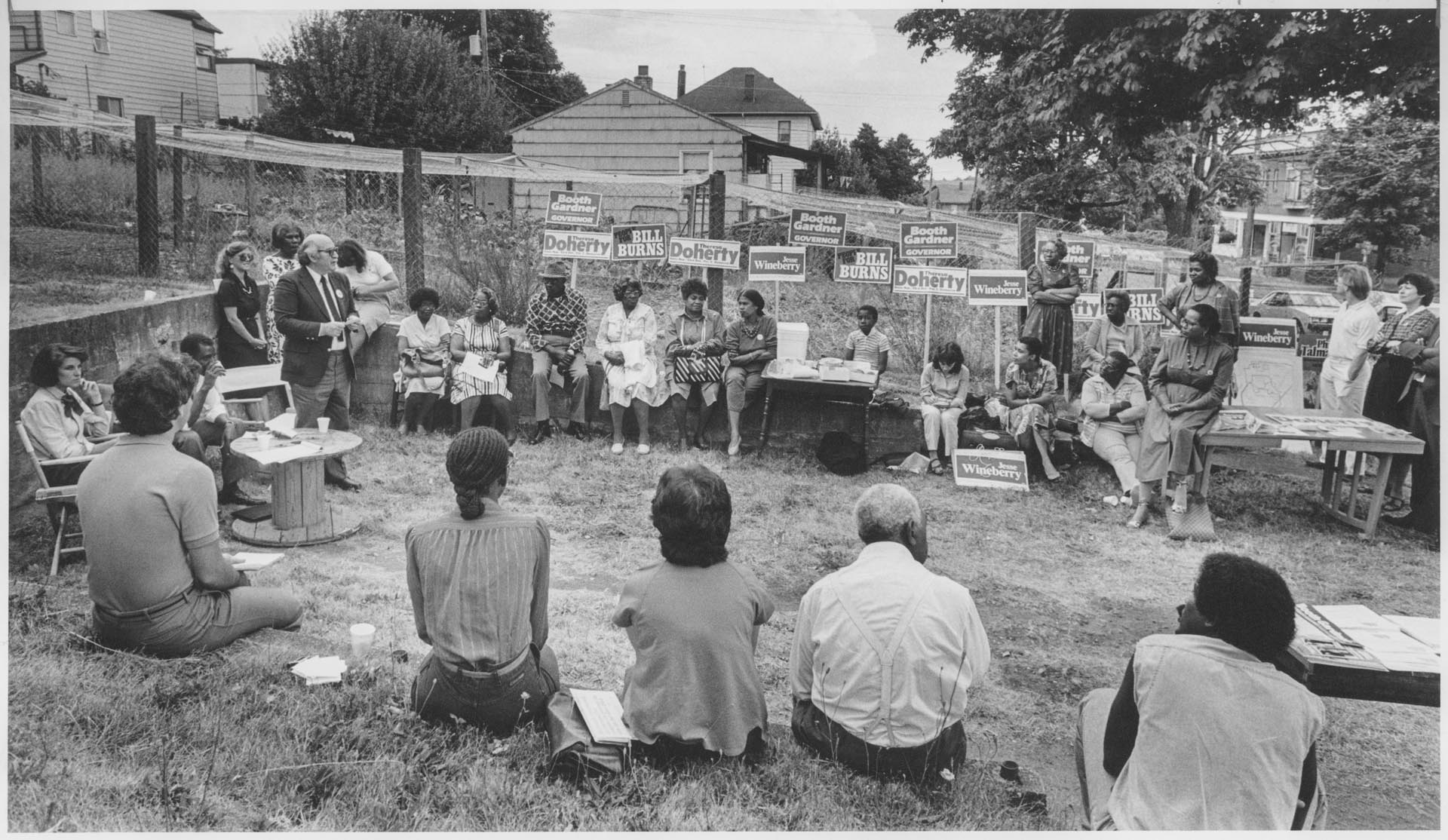 Image of Washington House of Representatives candidate debate in front yard, Seattle, July 1, 1984