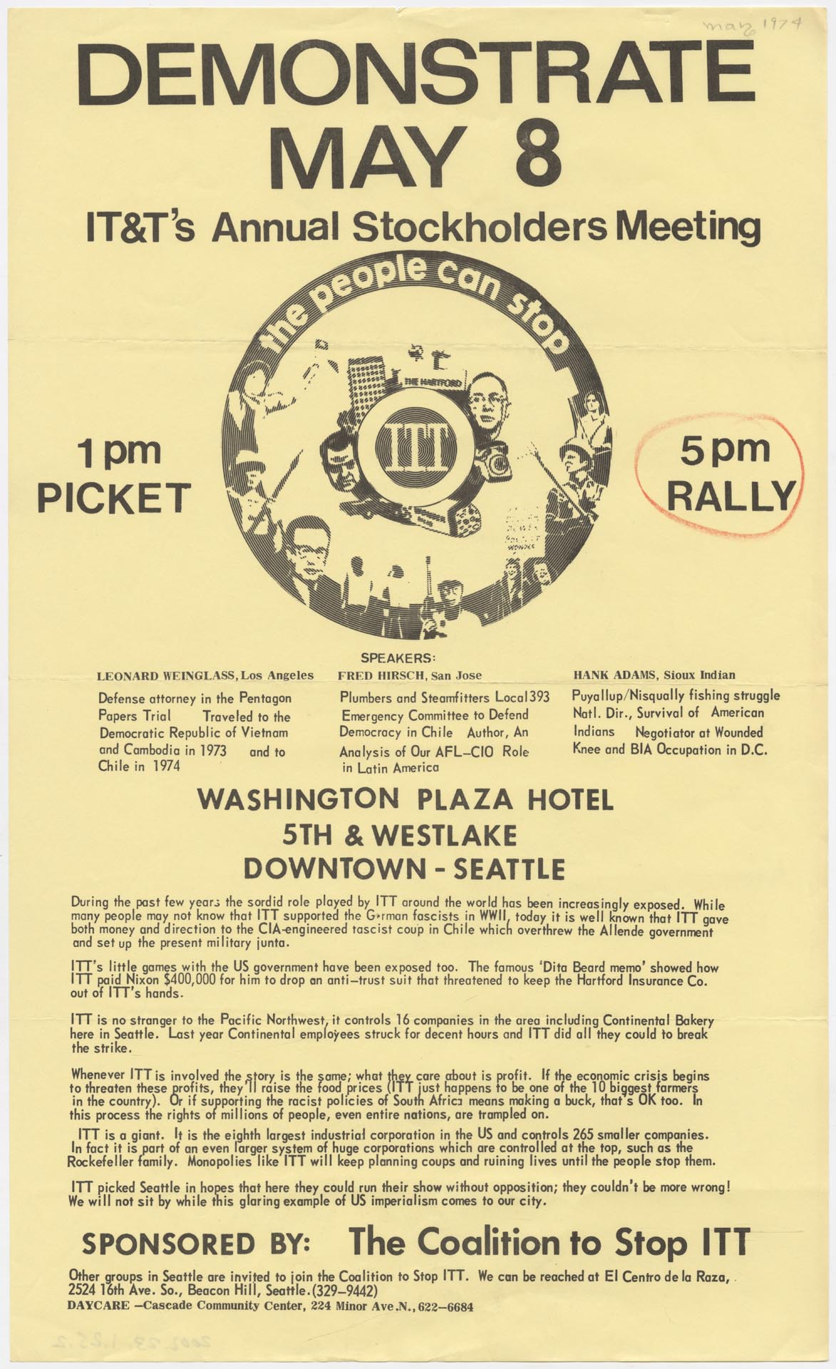 Image of Flier protesting ITT stockholders' meeting, Seattle, May 8, 1974